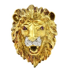 1990's Diamond Ruby 14 Karat Two-Tone Gold Vintage Lion Head Pendant Brooch
