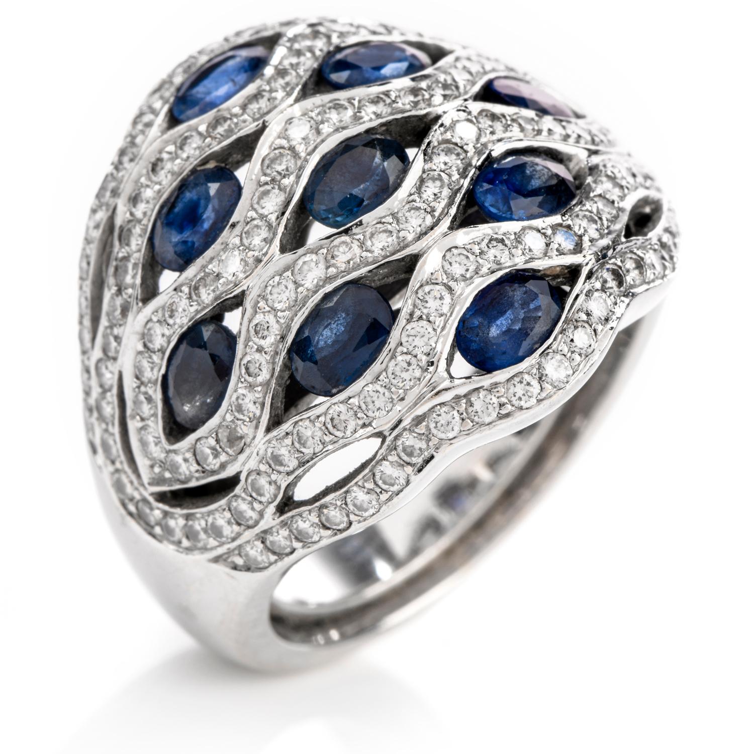 Women's 1990s Diamond Sapphire 18 Karat Dome Cocktail Ring