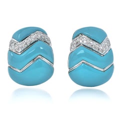 1990"s Diamond Turquoise 18K White Gold Braided Large Clip On Earrings