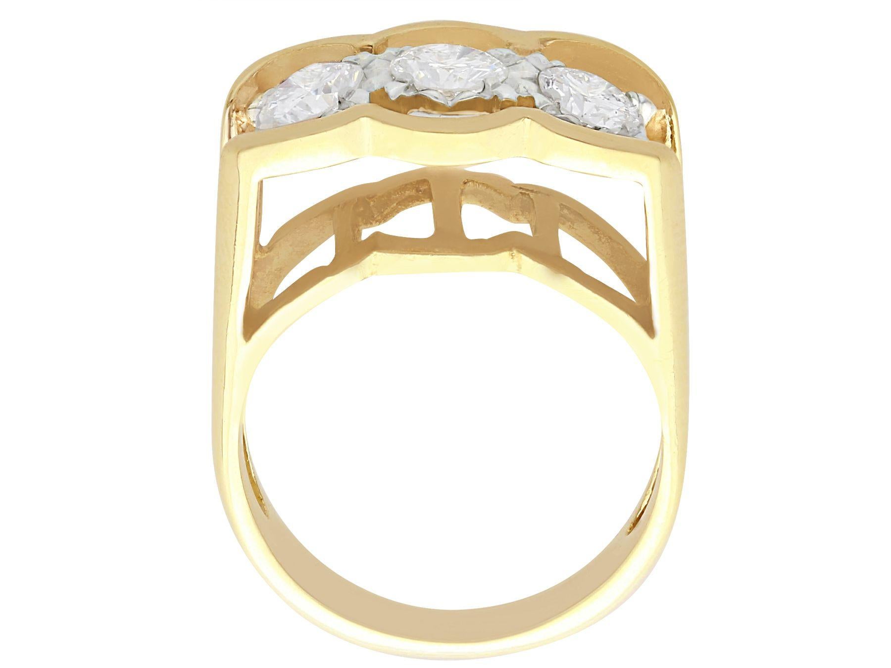 Women's 1990s Diamond Yellow Gold Three-Stone Cocktail Ring For Sale
