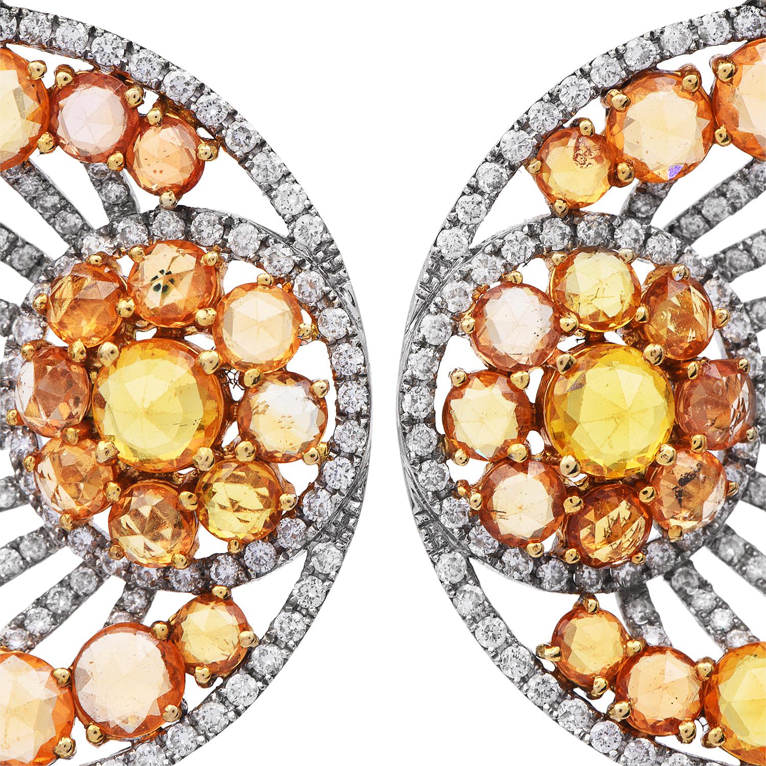 Modern 1990s Diamond Yellow Sapphire 18K Gold Round Dangle Hoop Earrings For Sale