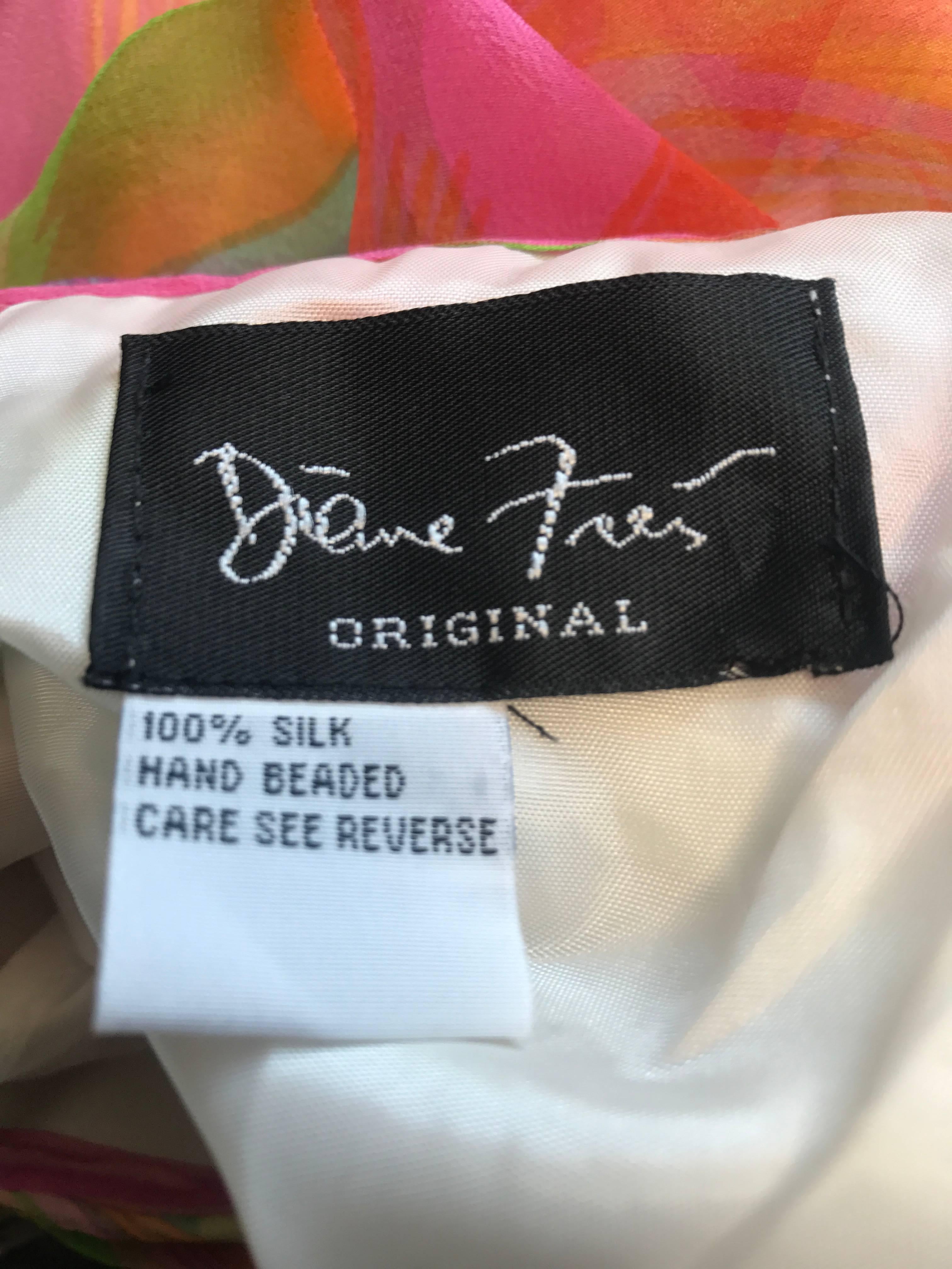 1990s Diane Freis Sz 10 Bright Sequin Beaded Silk Chiffon Handkerchief Hem Dress 2