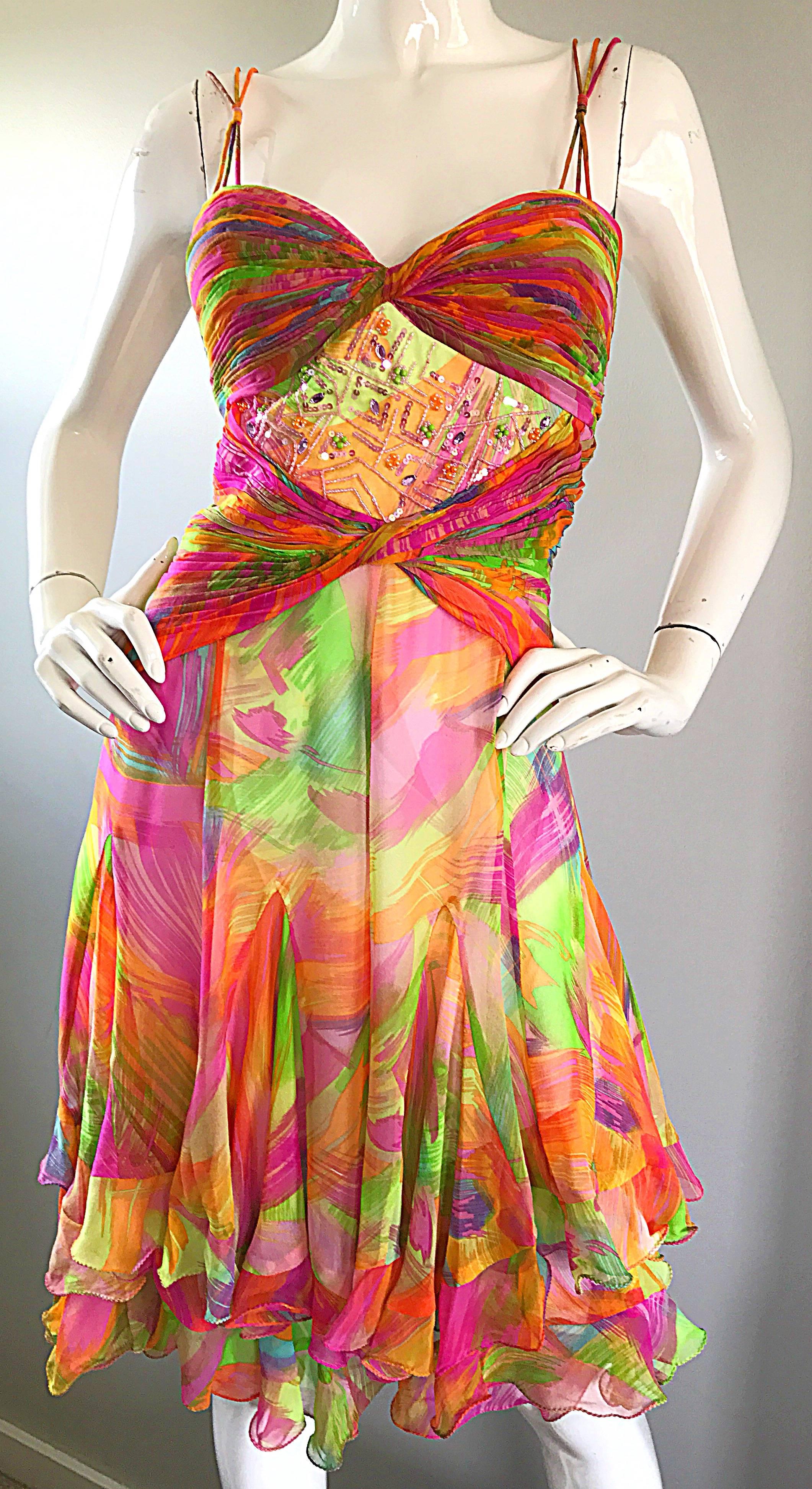 Orange 1990s Diane Freis Sz 10 Bright Sequin Beaded Silk Chiffon Handkerchief Hem Dress