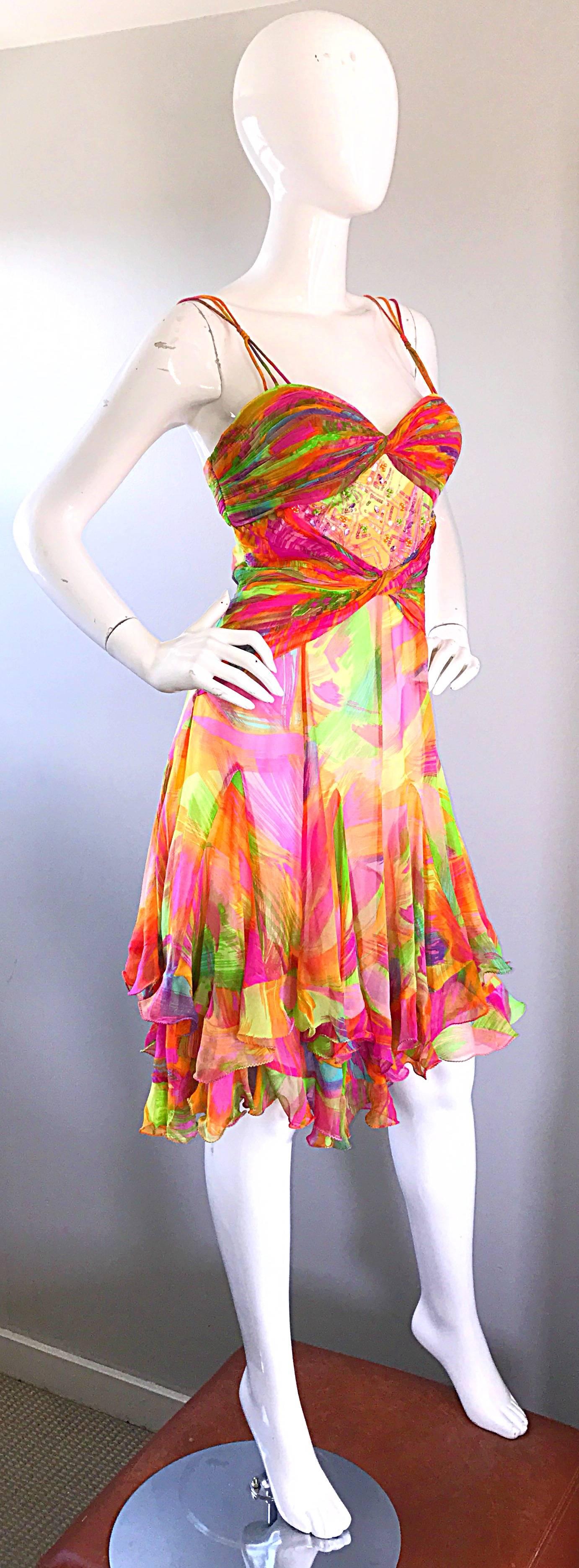 1990s Diane Freis Sz 10 Bright Sequin Beaded Silk Chiffon Handkerchief Hem Dress In New Condition In San Diego, CA