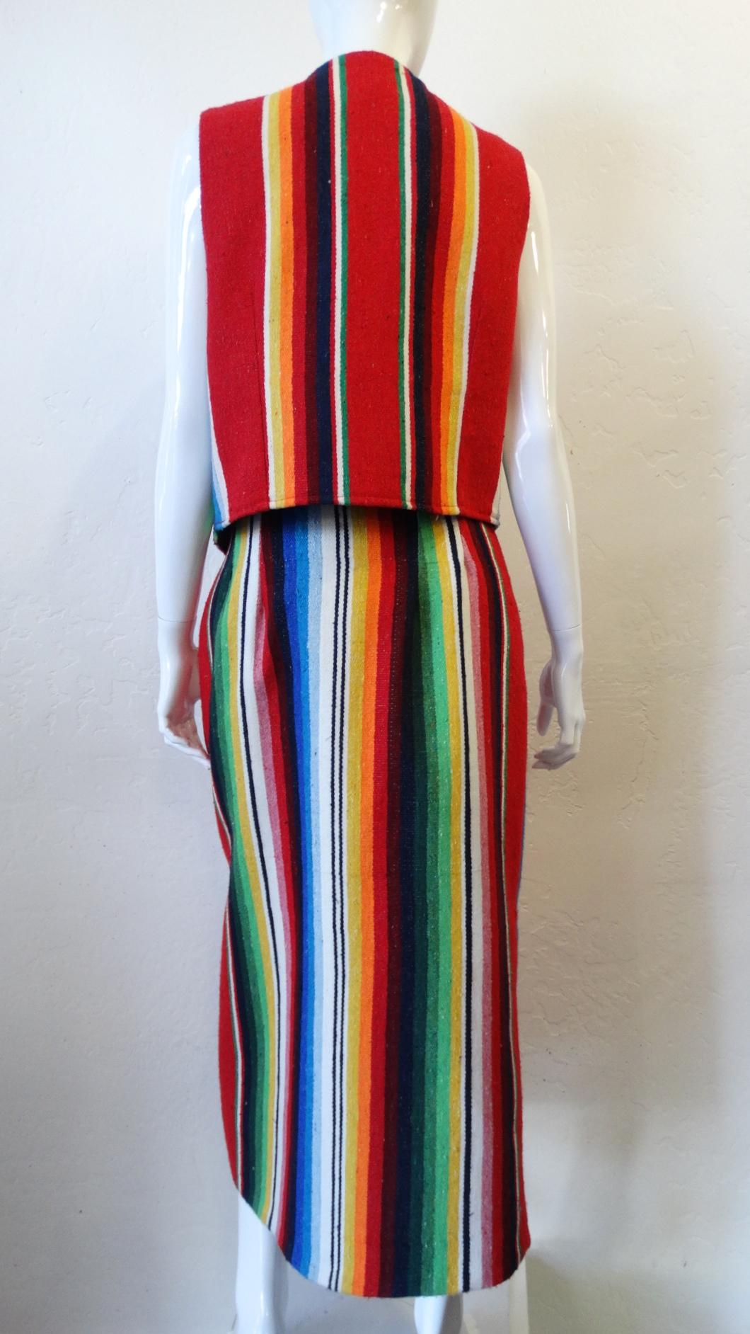 The Most Amazing Western Inspired Outfit Is Here! Circa 1990s, this DION western outfit features a wrap velcro skirt and a tuxedo collar vest made of a vintage Serape rug. The skirt and vest include buffalo nickel buttons. A unique vintage piece