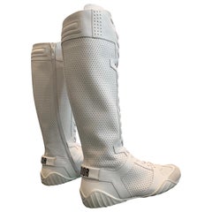 1990s Dior "J'Adior" White Perforated Leather Wrestling-Style Boots - Never Worn