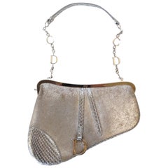 1990s Dior Mini Metallic Leather Silver Saddle Bag