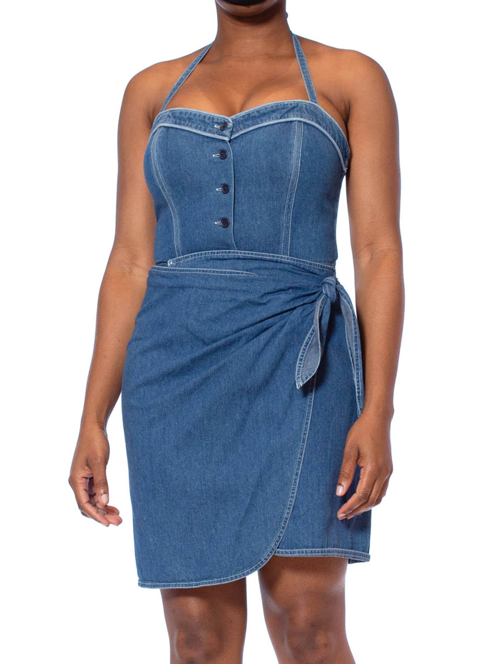 Large size with elastic gored sides for accommodating fit. 1990S DKNY DONNA KARAN Denim Cotton Pin-Up Bodysuit Wrap Skirt Dress 