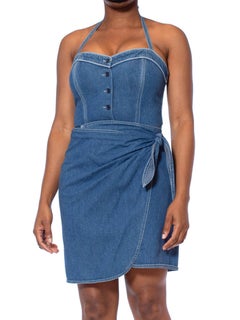 1990S DKNY DONNA KARAN Denim Cotton Pin-Up Bodysuit Wrap Skirt Dress