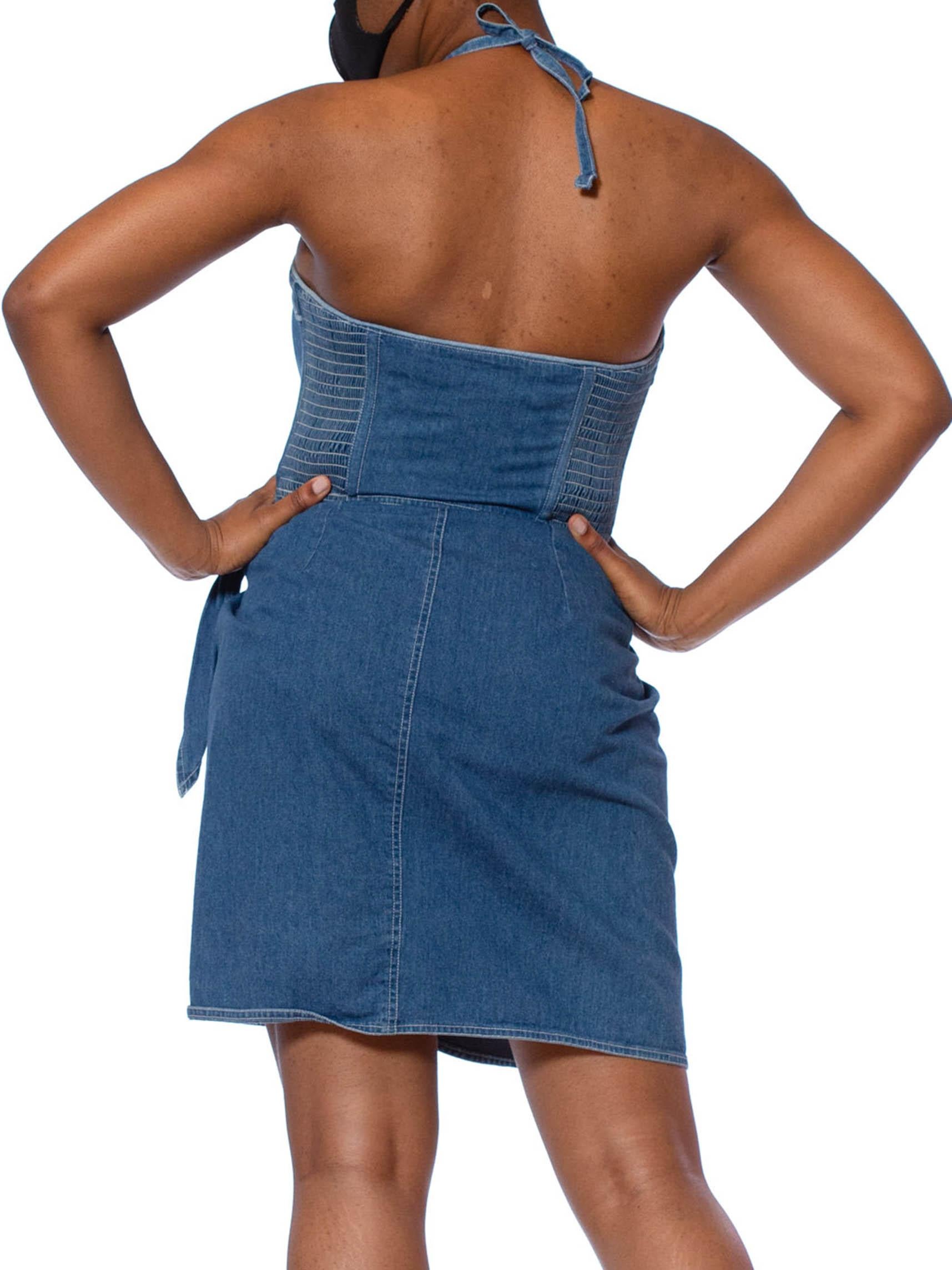1990S DKNY DONNA KARAN Denim Cotton Pin-Up Bodysuit Wrap Skirt Dress 2