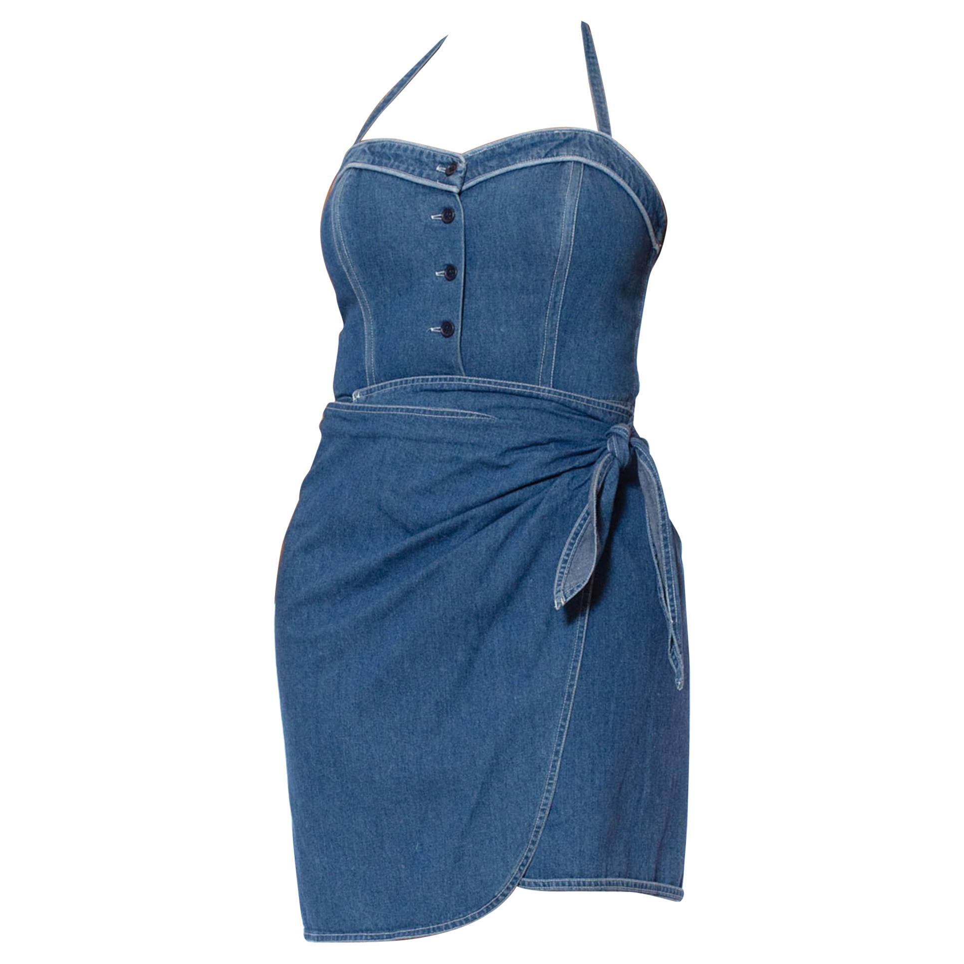 1990S DKNY DONNA KARAN Denim Cotton Pin-Up Bodysuit Wrap Skirt Dress
