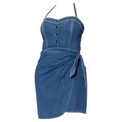 Vintage 1990S DKNY DONNA KARAN Denim Cotton Pin-Up Bodysuit Wrap Skirt Dress