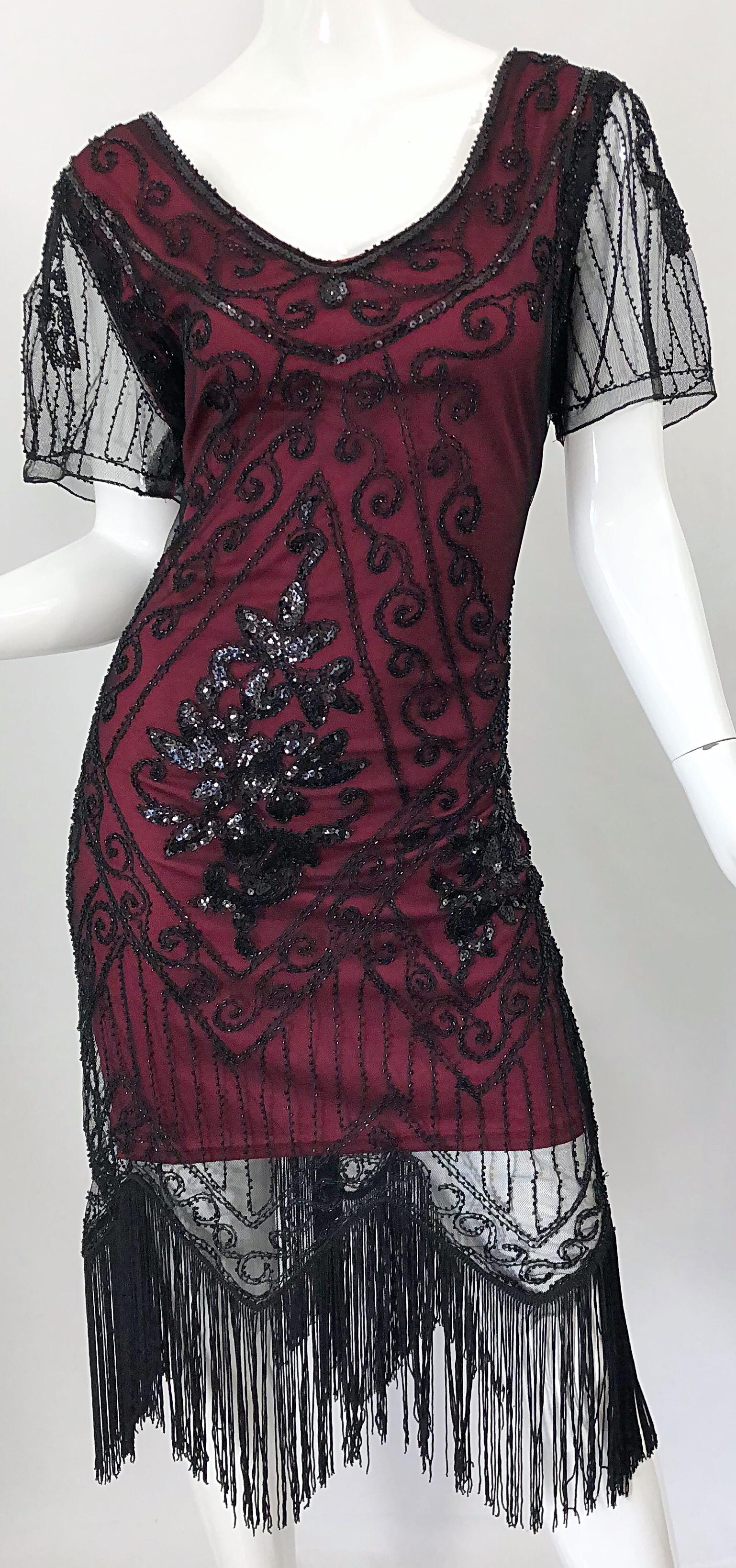 1990s Does 1920s Black and Red Burgundy Lace Beaded Fringe Vintage Flapper Dress For Sale 3
