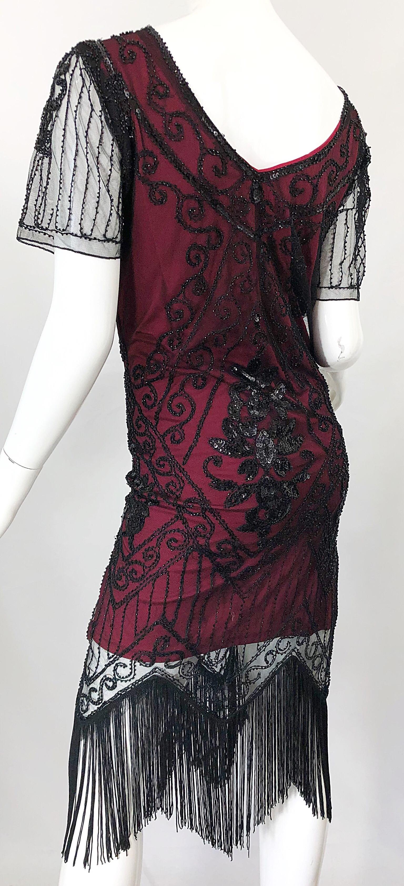 1990s Does 1920s Black and Red Burgundy Lace Beaded Fringe Vintage Flapper Dress For Sale 4