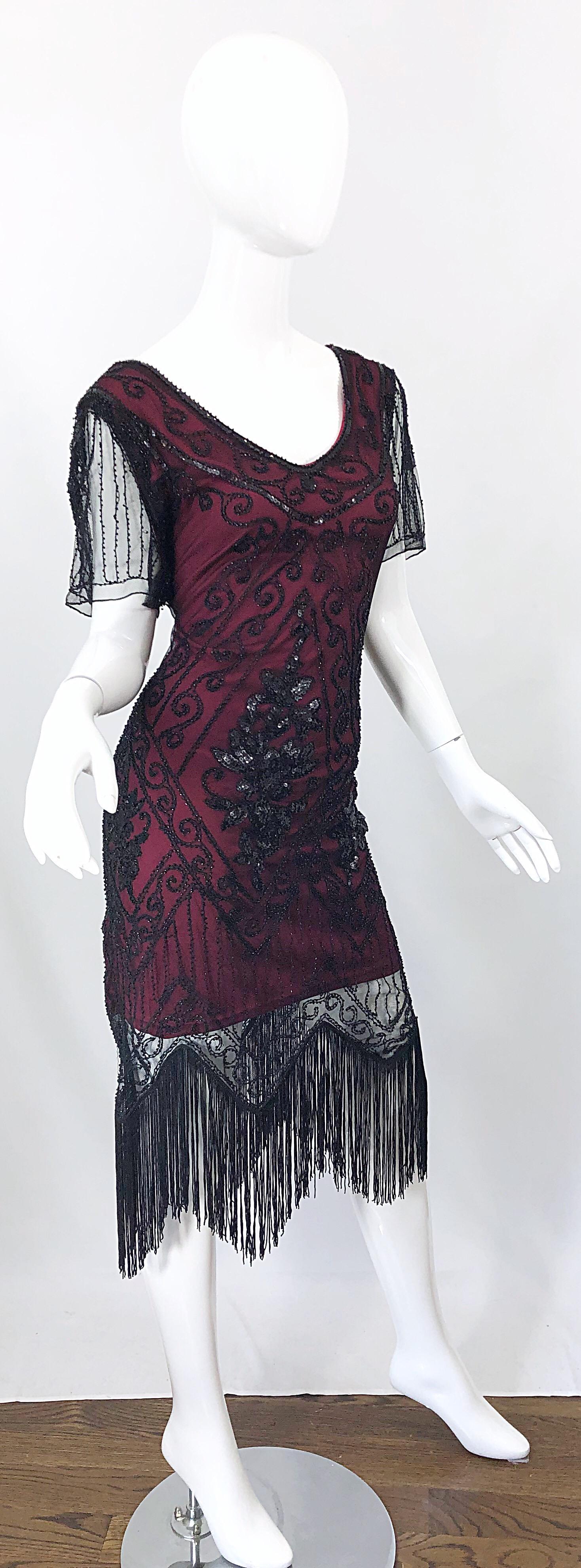 1990s Does 1920s Black and Red Burgundy Lace Beaded Fringe Vintage Flapper Dress For Sale 5