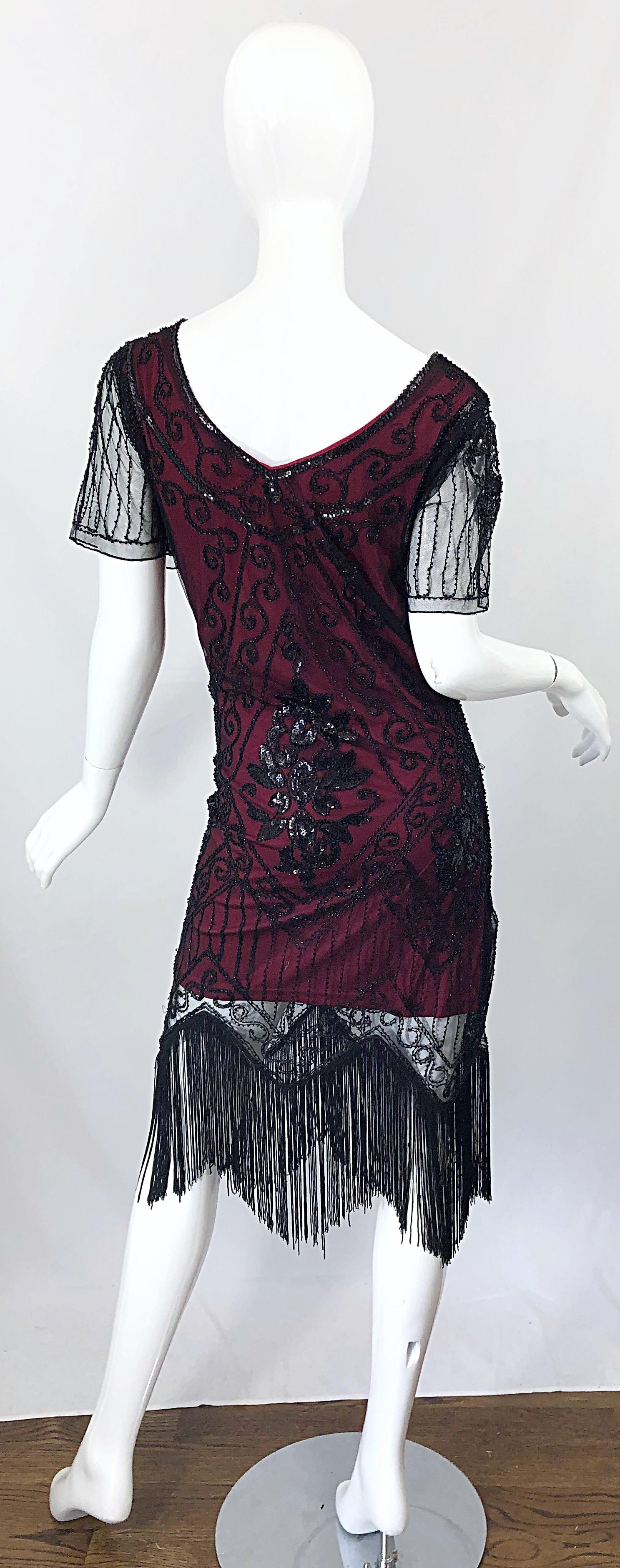 1990s Does 1920s Black and Red Burgundy Lace Beaded Fringe Vintage Flapper Dress For Sale 6