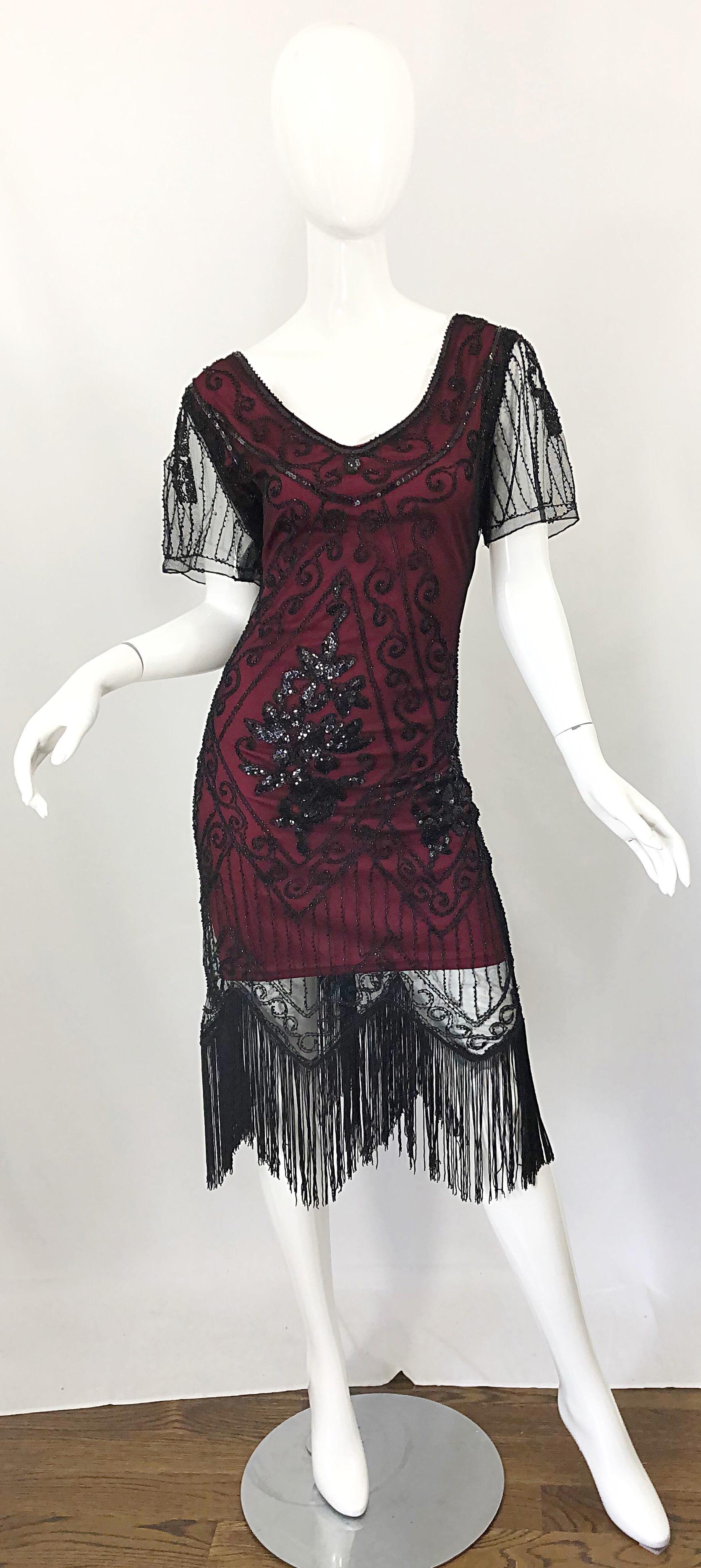 1990s Does 1920s Black and Red Burgundy Lace Beaded Fringe Vintage Flapper Dress For Sale 7