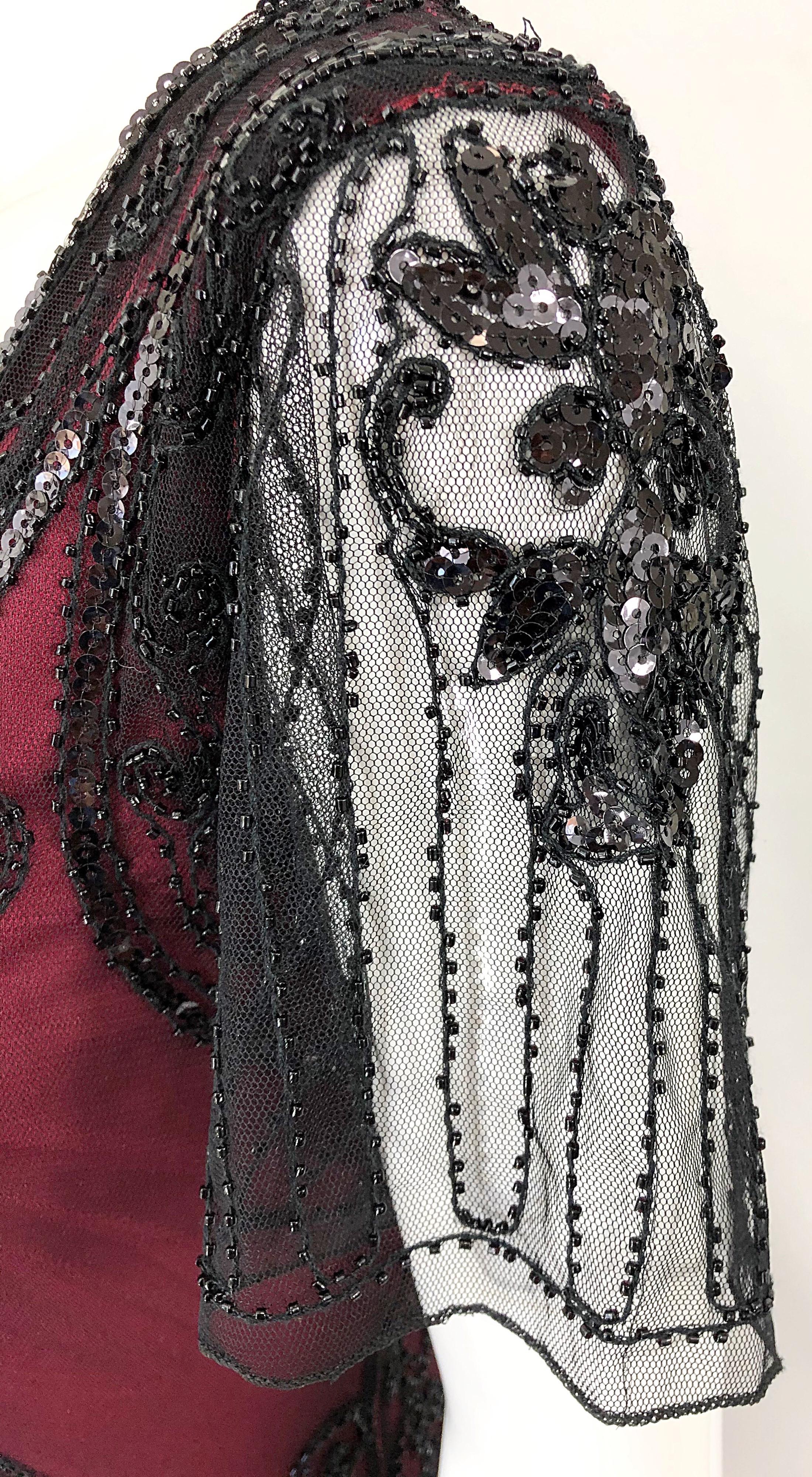 1990s Does 1920s Black and Red Burgundy Lace Beaded Fringe Vintage Flapper Dress In Excellent Condition For Sale In San Diego, CA