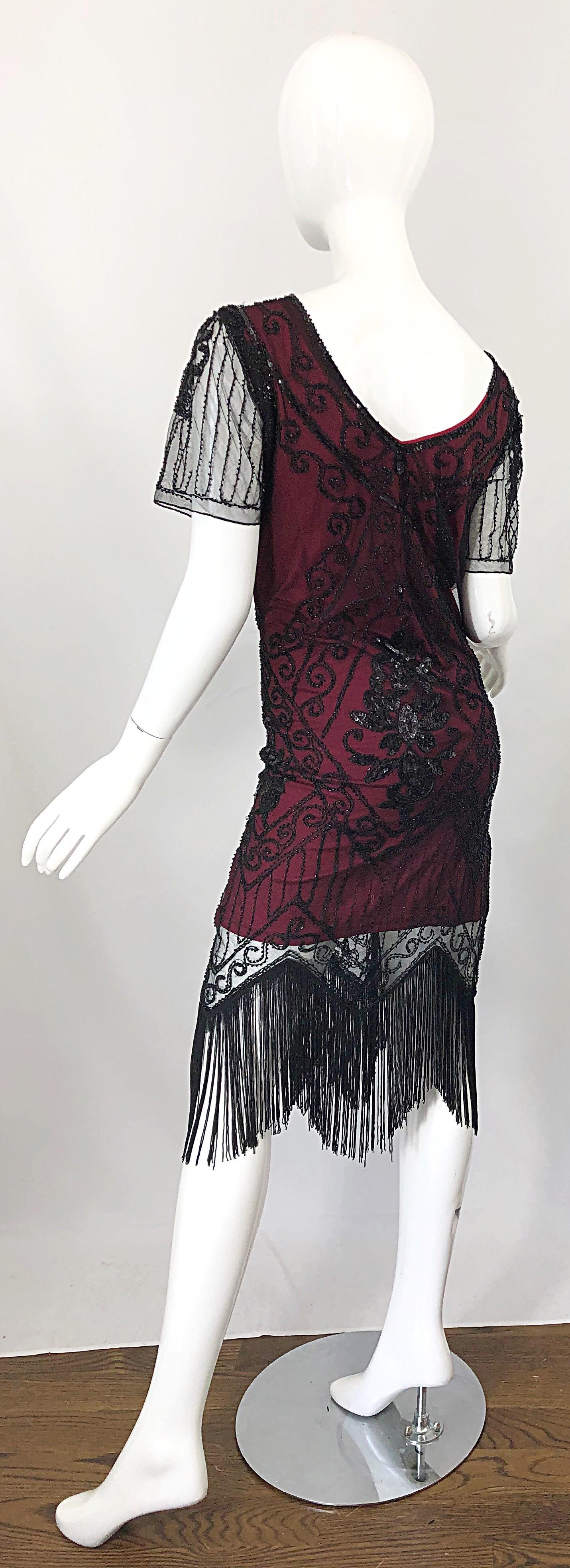 Women's 1990s Does 1920s Black and Red Burgundy Lace Beaded Fringe Vintage Flapper Dress For Sale