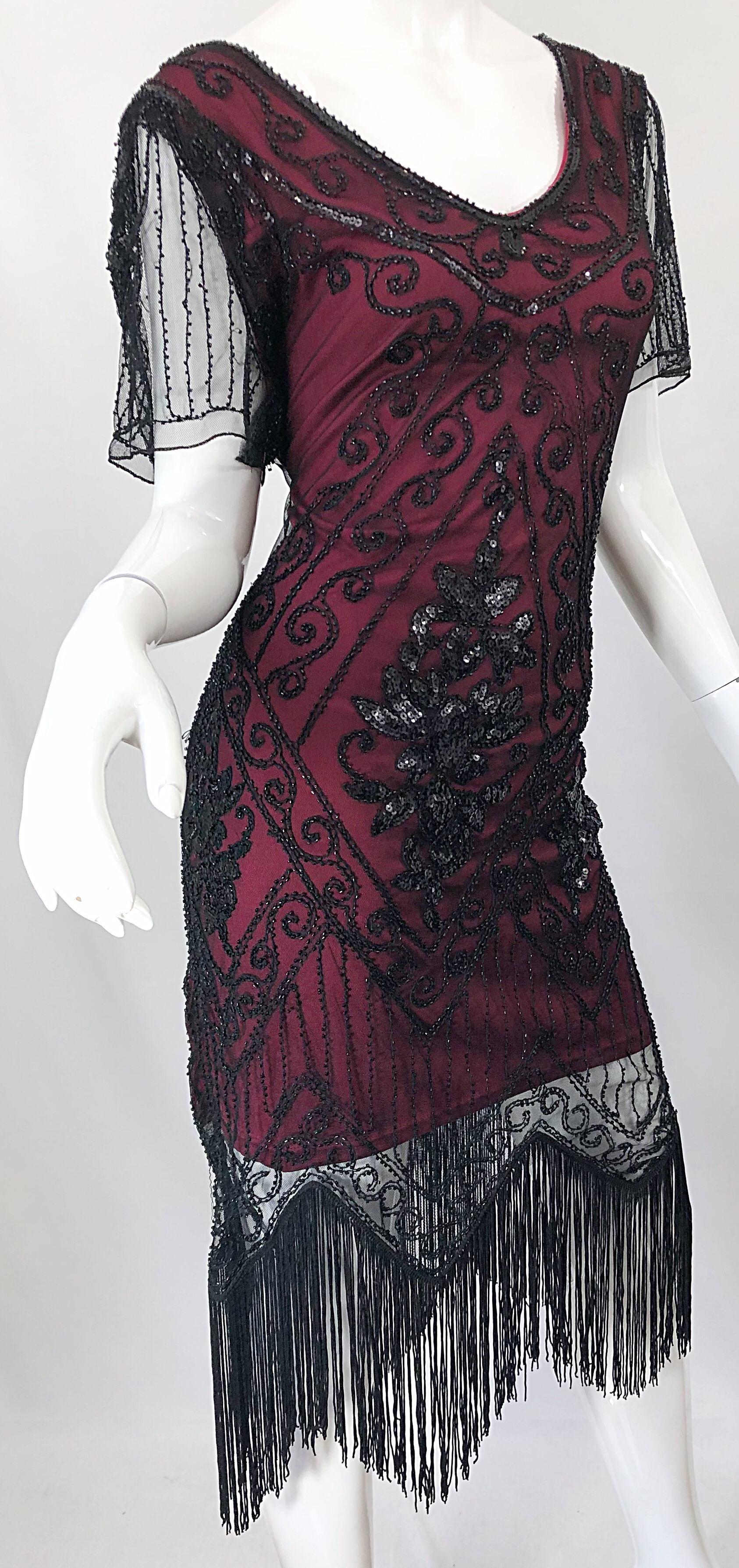 1990s Does 1920s Black and Red Burgundy Lace Beaded Fringe Vintage Flapper Dress For Sale 1