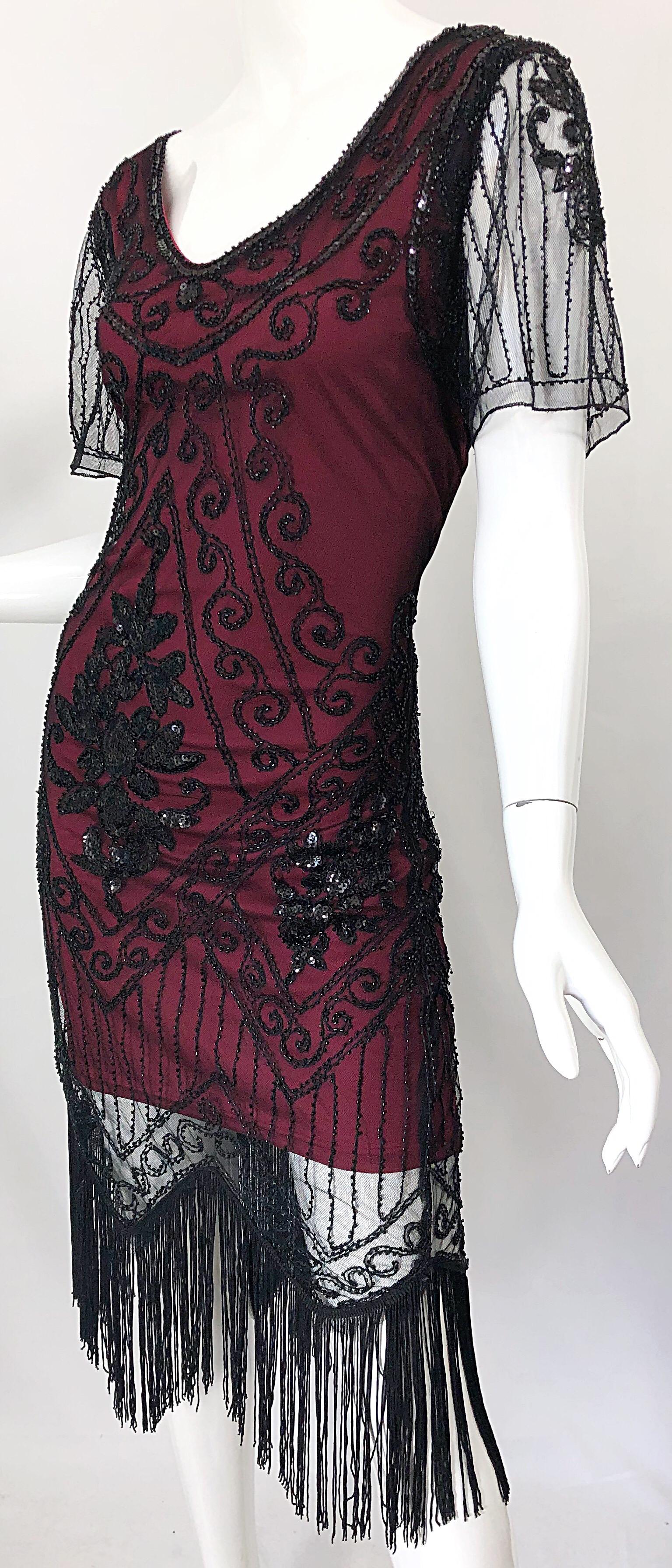 1990s Does 1920s Black and Red Burgundy Lace Beaded Fringe Vintage Flapper Dress For Sale 2