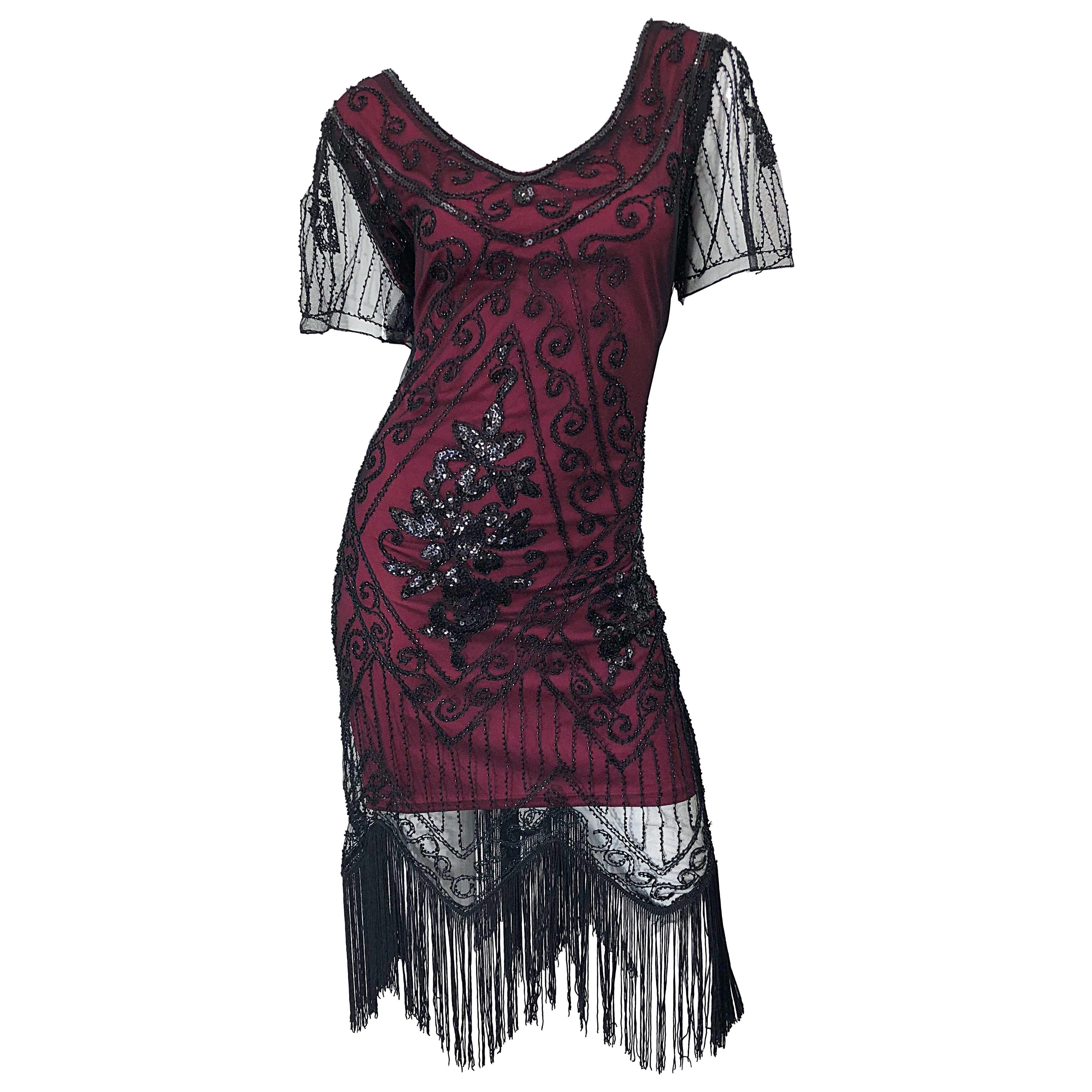 1990s Does 1920s Black and Red Burgundy Lace Beaded Fringe Vintage Flapper Dress For Sale