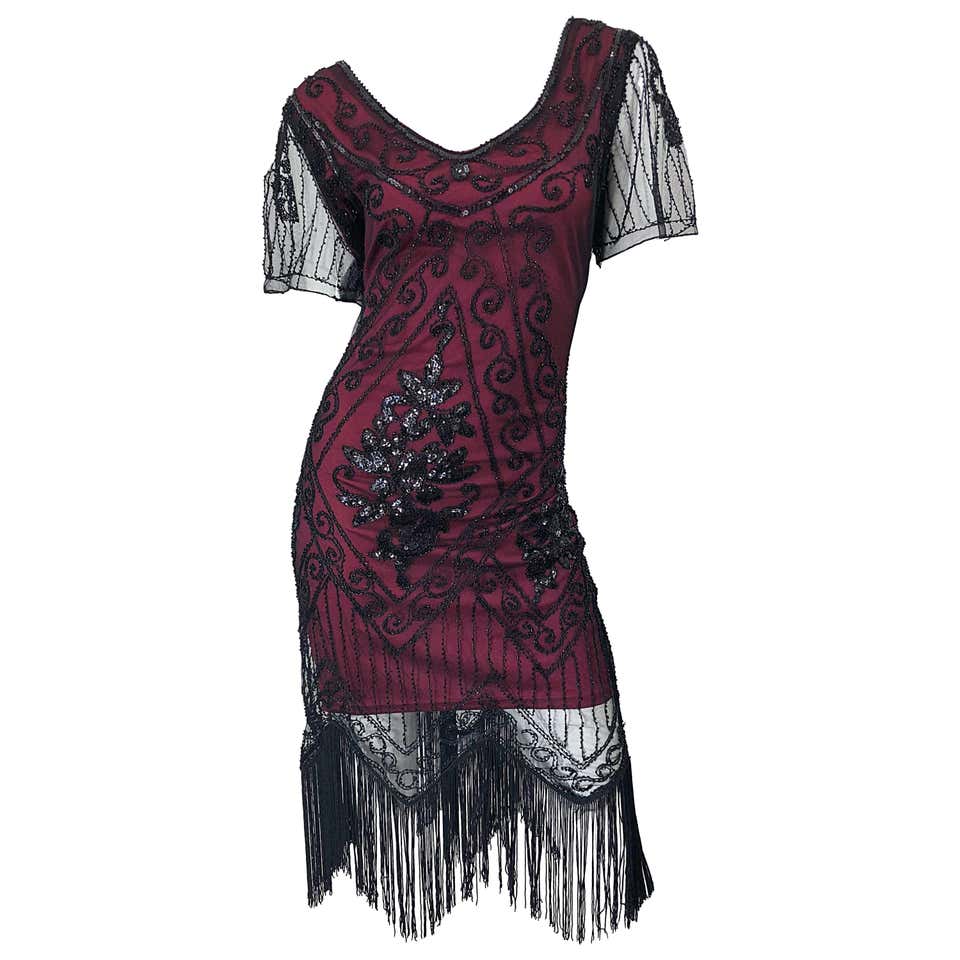 1990s Does 1920s Black and Red Burgundy Lace Beaded Fringe Vintage ...