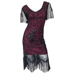 1990s Does 1920s Black and Red Burgundy Lace Beaded Fringe Retro Flapper Dress