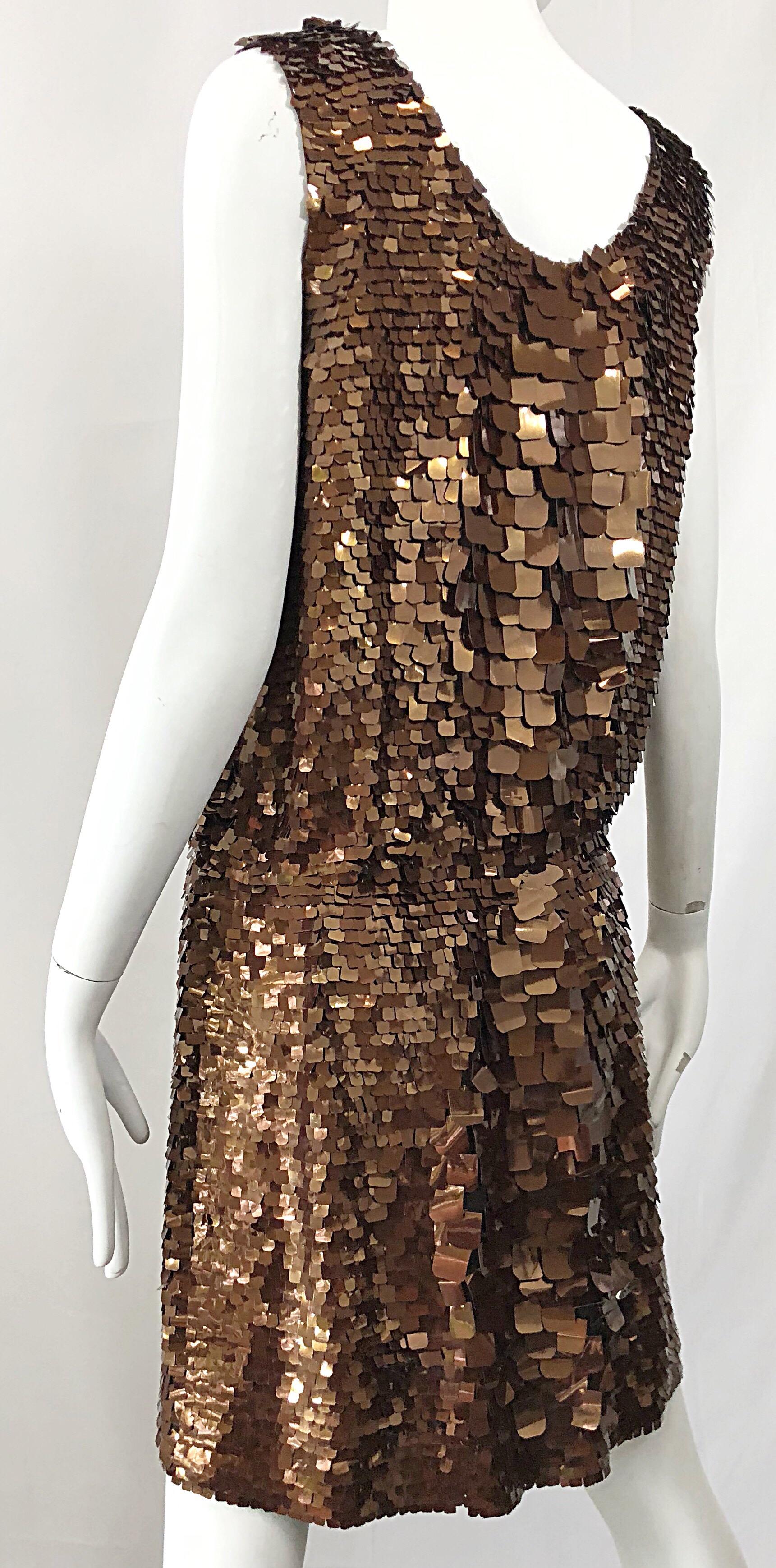 1990s does 1920s Isaac Mizrahi Chocolate Brown Paillette Sequin Flapper Dress For Sale 1
