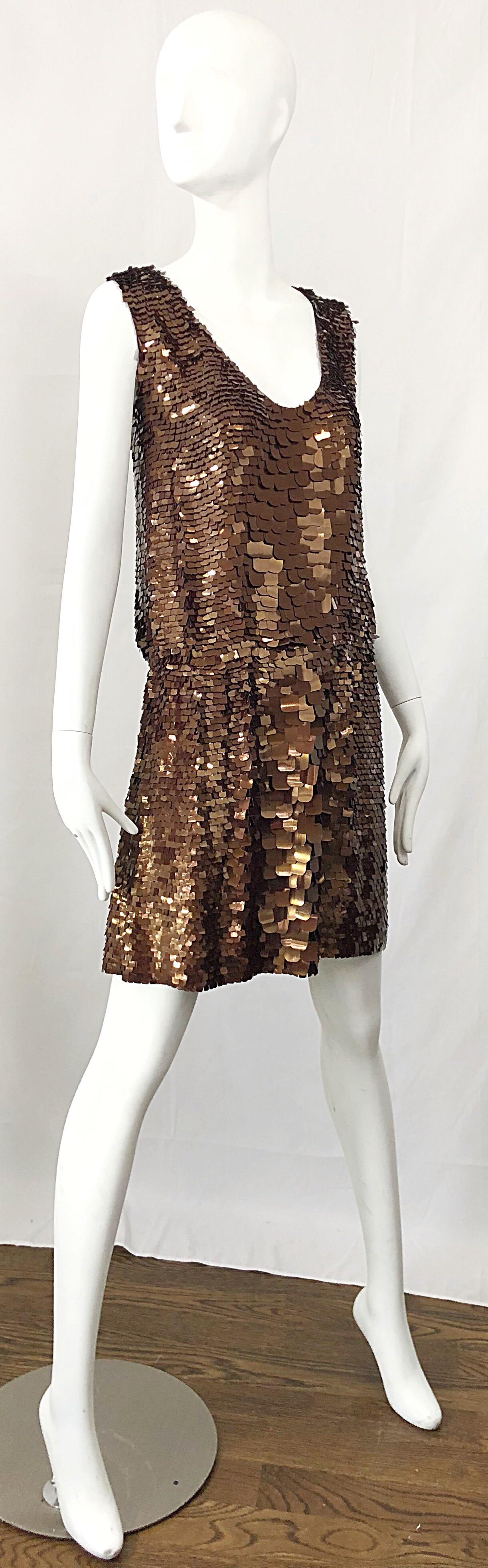 1990s does 1920s Isaac Mizrahi Chocolate Brown Paillette Sequin Flapper Dress For Sale 2