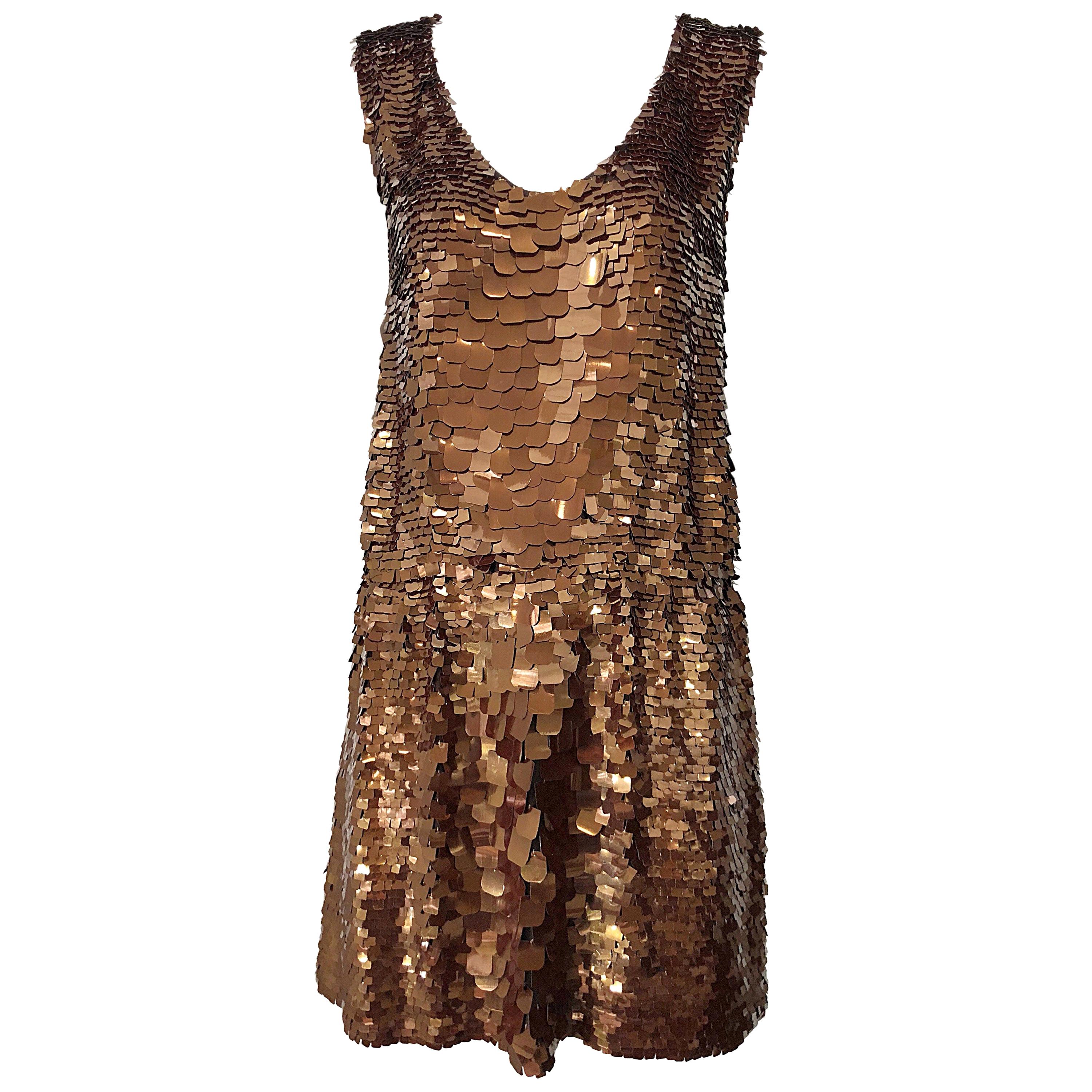 1990s does 1920s Isaac Mizrahi Chocolate Brown Paillette Sequin Flapper Dress For Sale