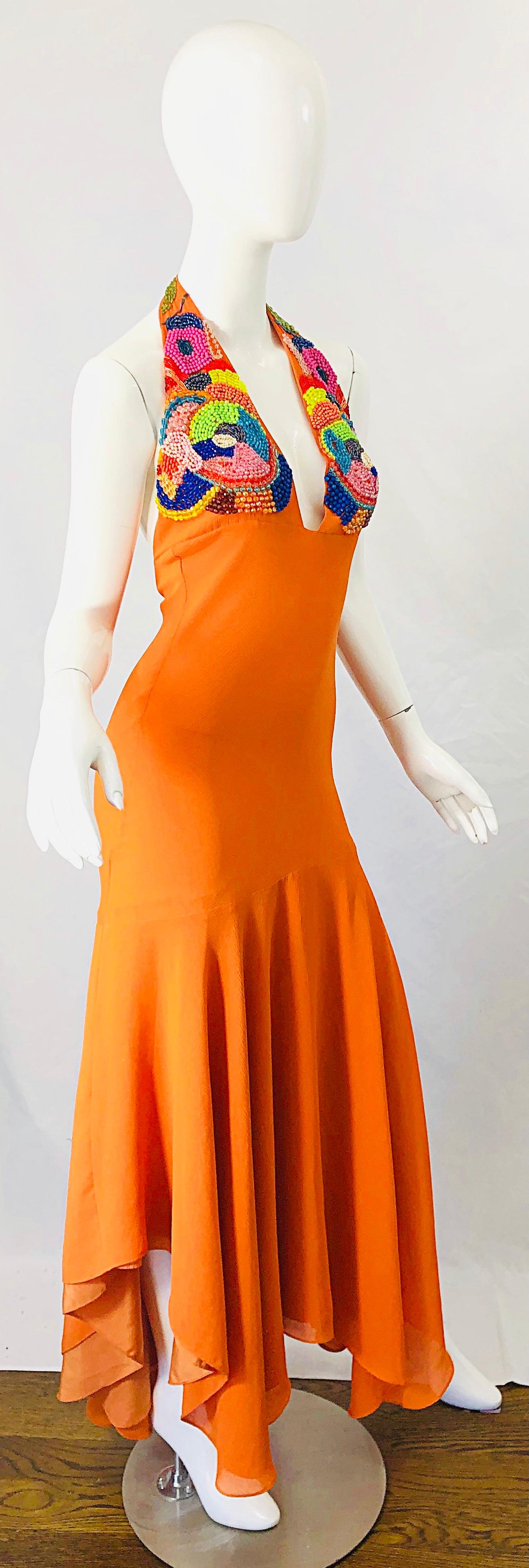 1990s Does 1970s Bright Orange Beads Crepe Chiffon Handkerchief Hem Halter Dress For Sale 3