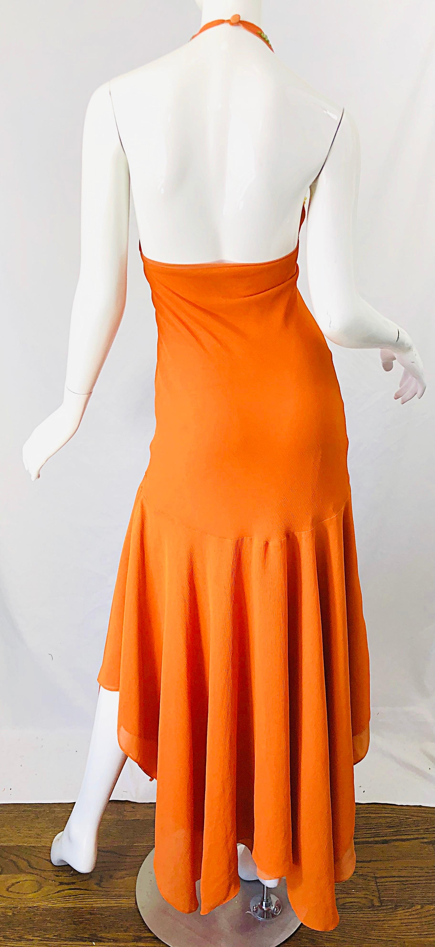 1990s Does 1970s Bright Orange Beads Crepe Chiffon Handkerchief Hem Halter Dress For Sale 4
