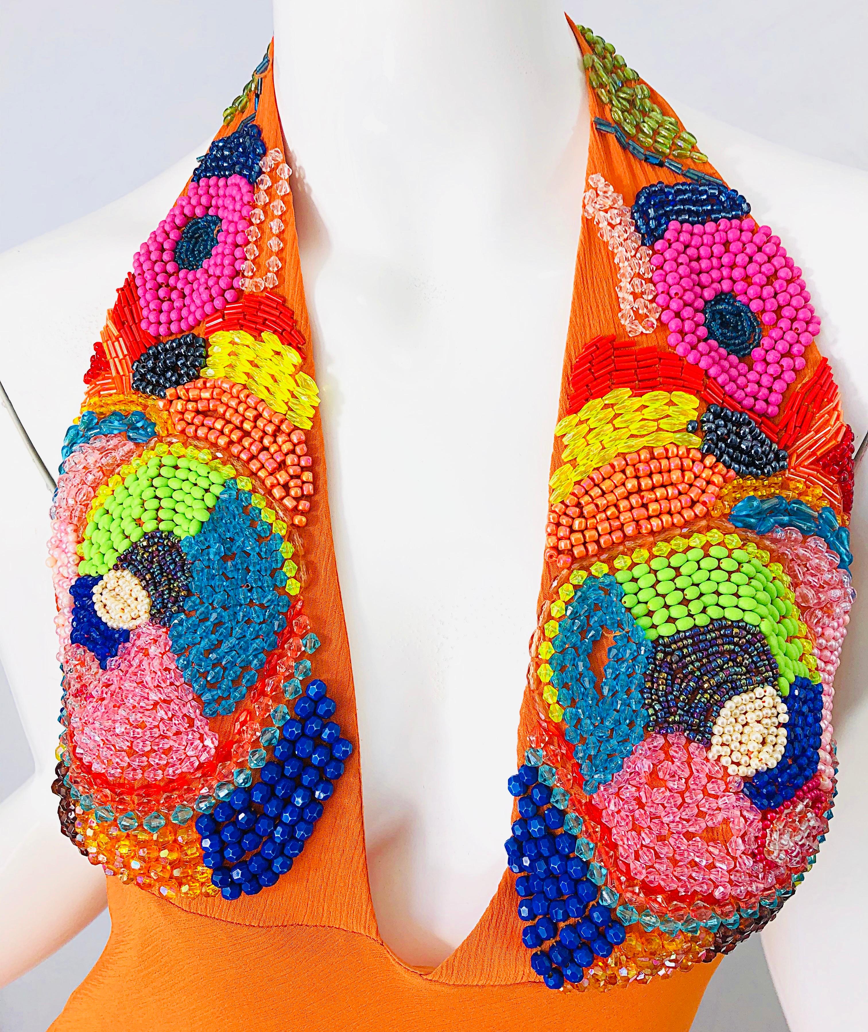 1990s Does 1970s Bright Orange Beads Crepe Chiffon Handkerchief Hem Halter Dress For Sale 5