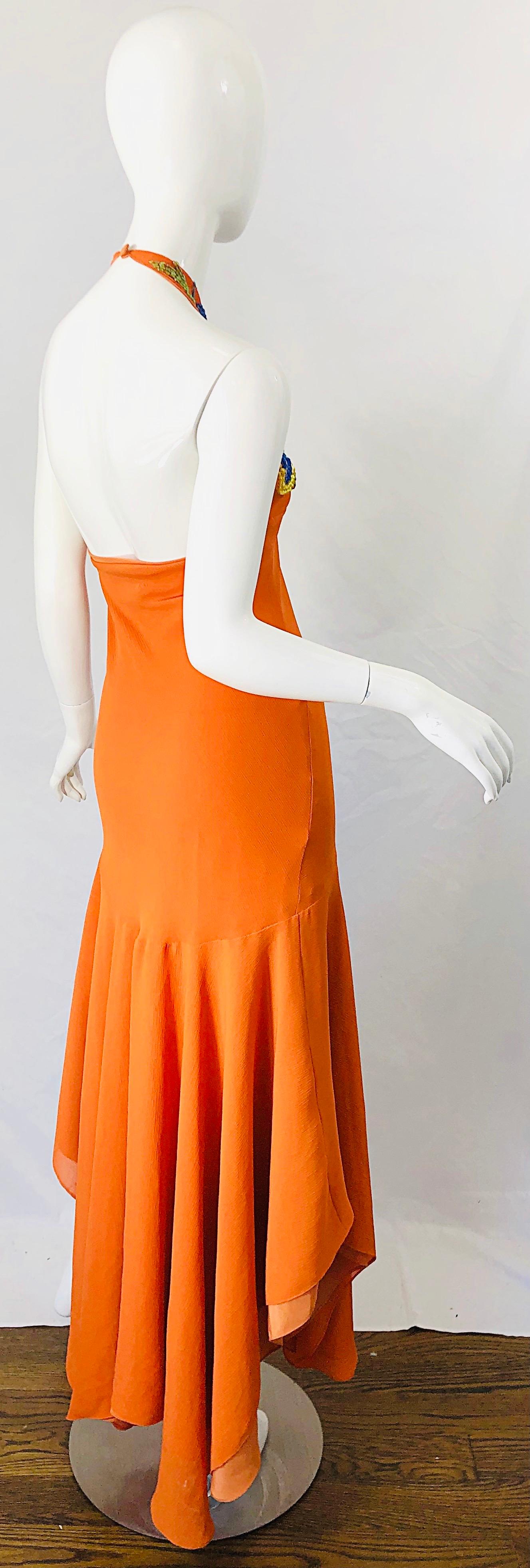 1990s Does 1970s Bright Orange Beads Crepe Chiffon Handkerchief Hem Halter Dress For Sale 6