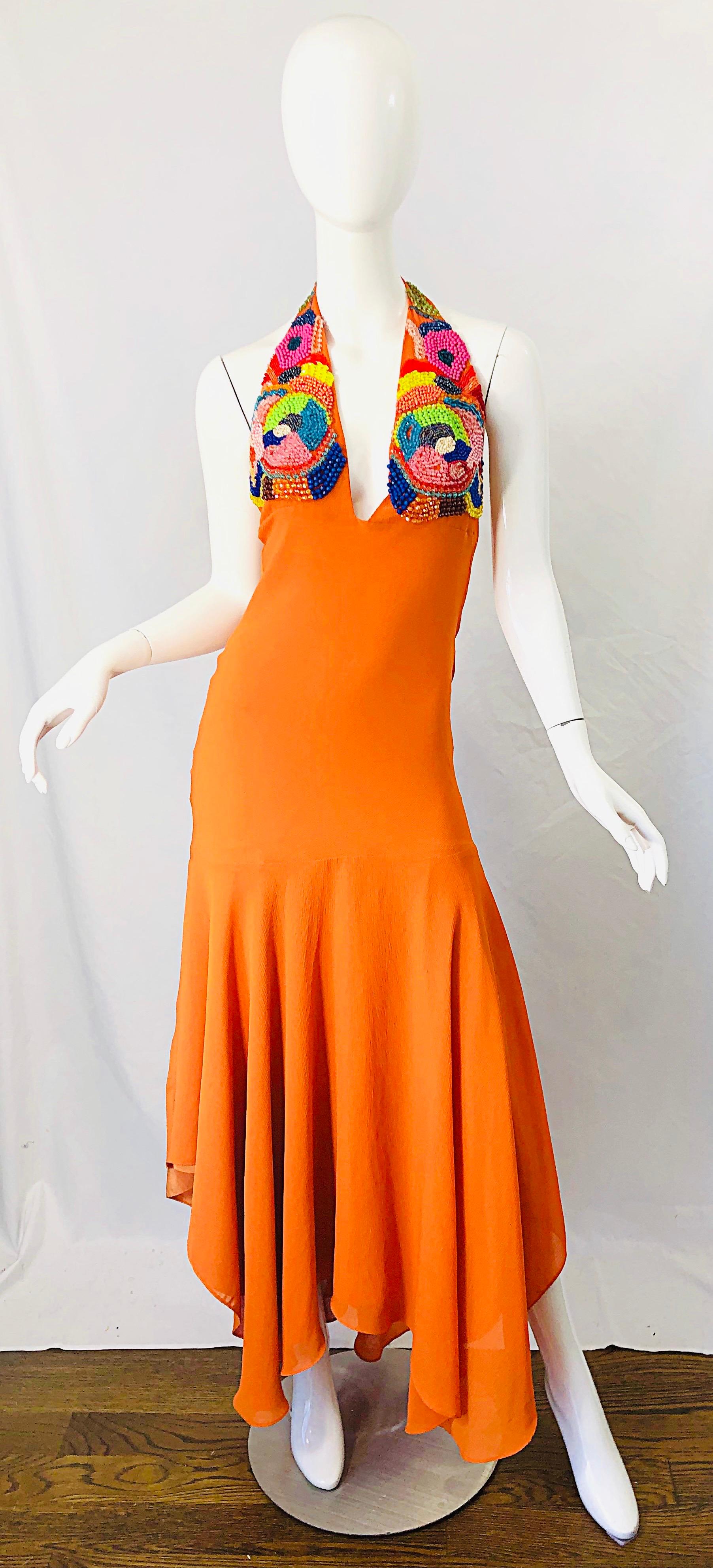 1990s Does 1970s Bright Orange Beads Crepe Chiffon Handkerchief Hem Halter Dress For Sale 7