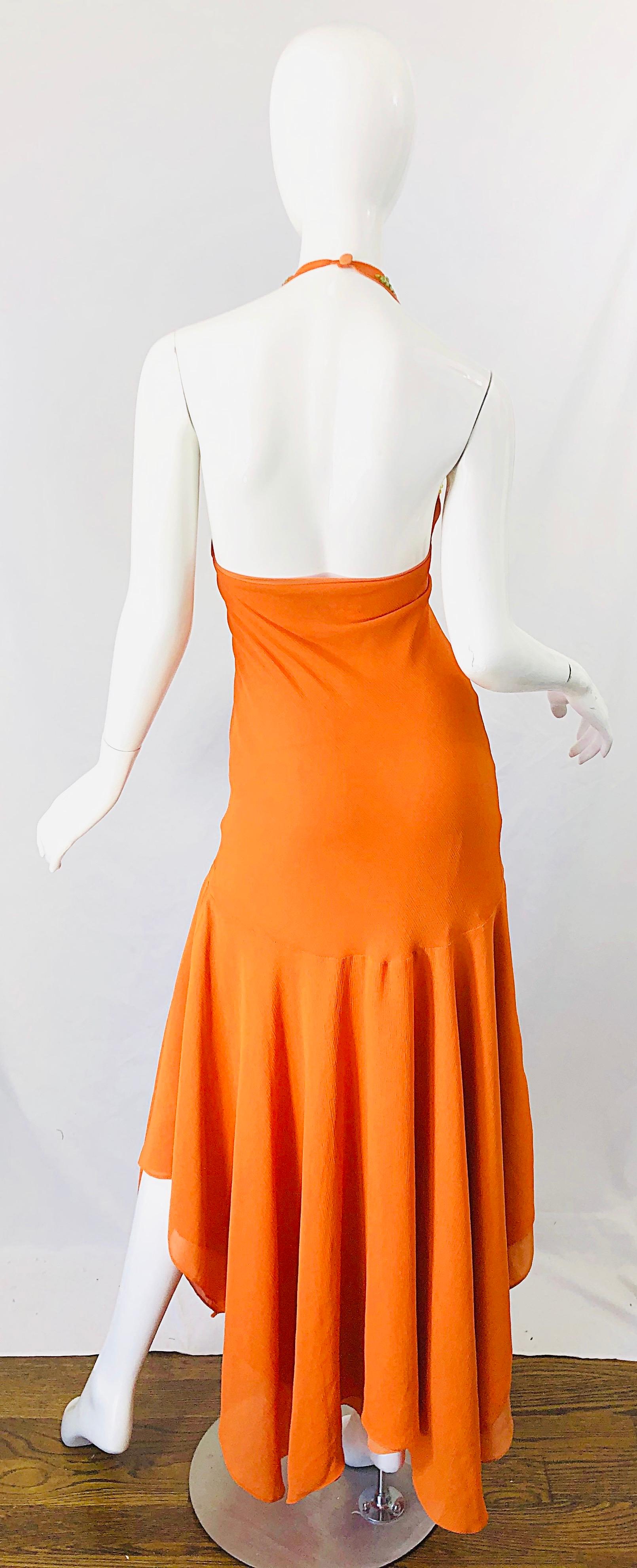 1990s fa 1970s Arancione brillante Perline Crepe Chiffon Fazzoletto Orlo Halter Dress In condizioni ottime in vendita a San Diego, CA