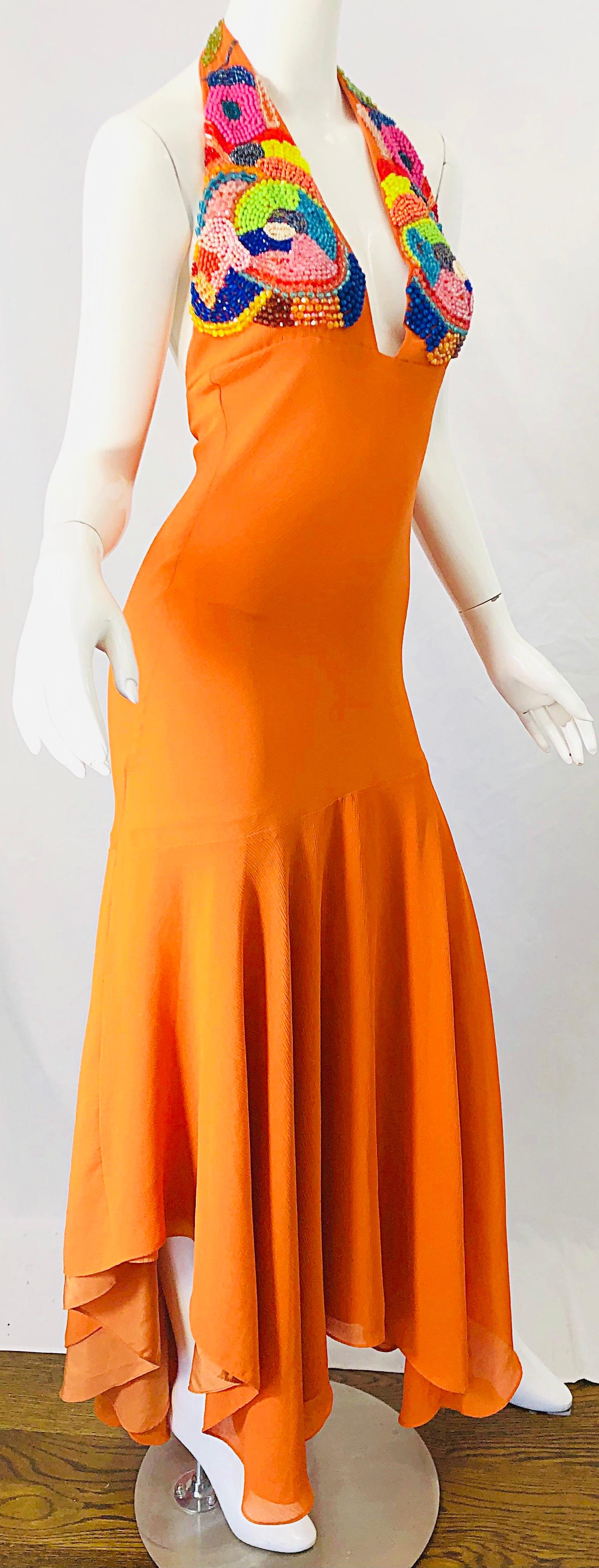 1990s Does 1970s Bright Orange Beads Crepe Chiffon Handkerchief Hem Halter Dress In Excellent Condition For Sale In San Diego, CA