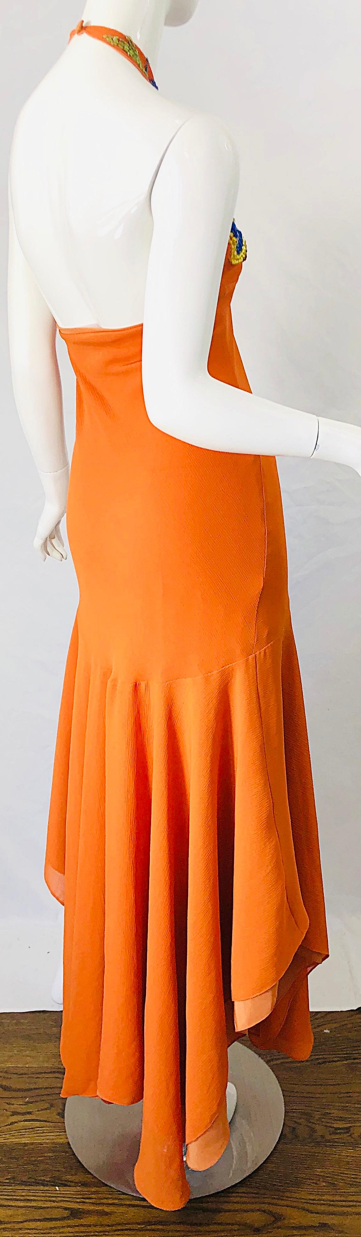Women's 1990s Does 1970s Bright Orange Beads Crepe Chiffon Handkerchief Hem Halter Dress For Sale