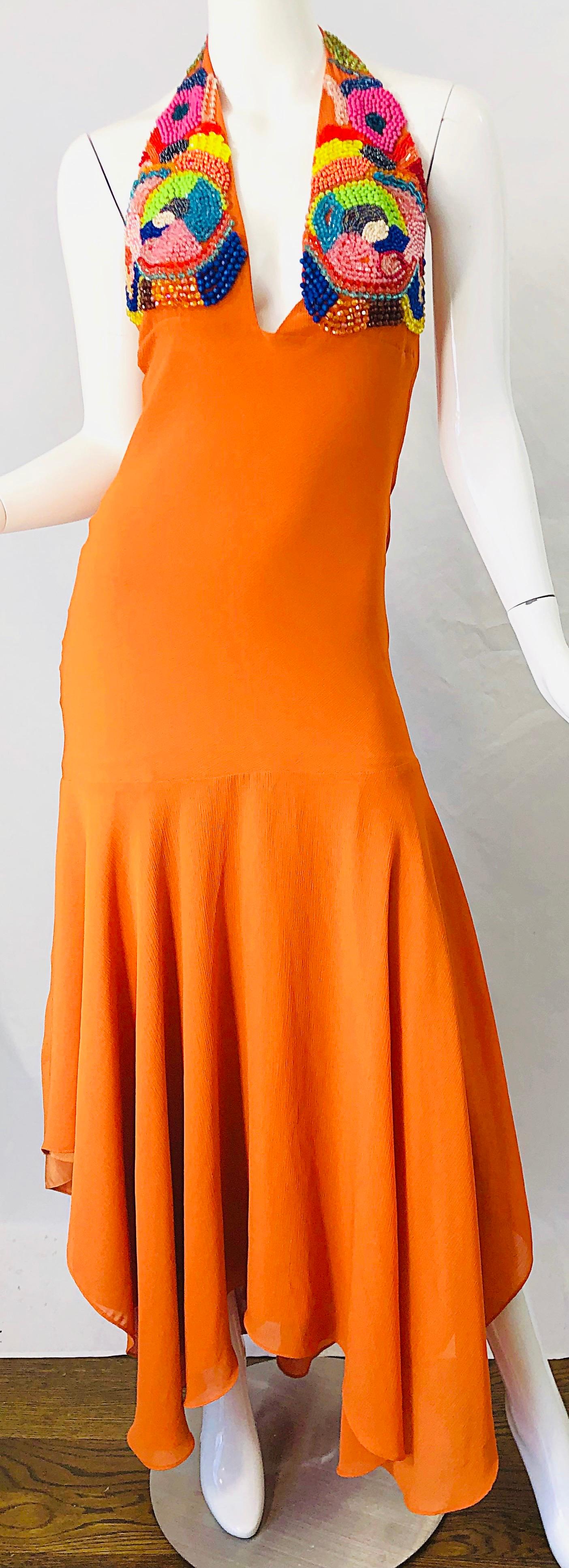 1990s Does 1970s Bright Orange Beads Crepe Chiffon Handkerchief Hem Halter Dress For Sale 1