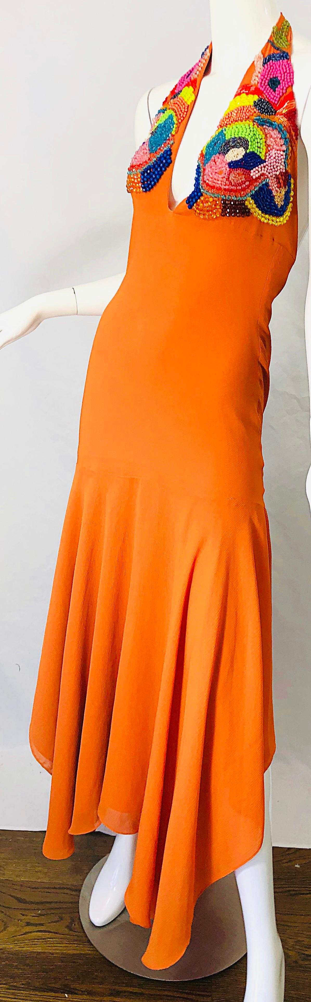 1990s Does 1970s Bright Orange Beads Crepe Chiffon Handkerchief Hem Halter Dress For Sale 2