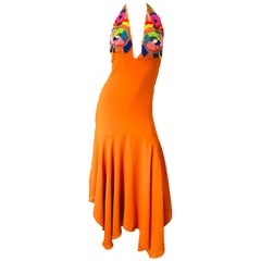 Vintage 1990s Does 1970s Bright Orange Beads Crepe Chiffon Handkerchief Hem Halter Dress