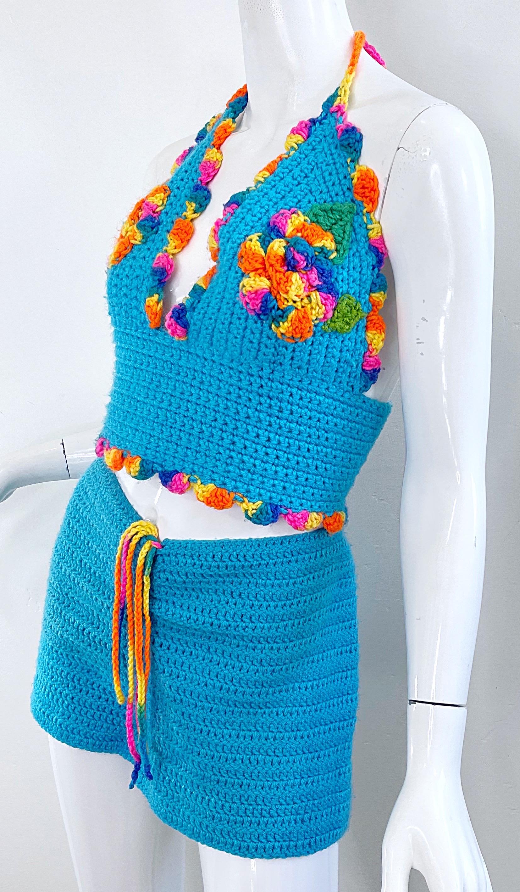 1990s Does 1970s Large Size Turquoise Blue Tie Dye Rainbow Crop Top + Shorts en venta 5