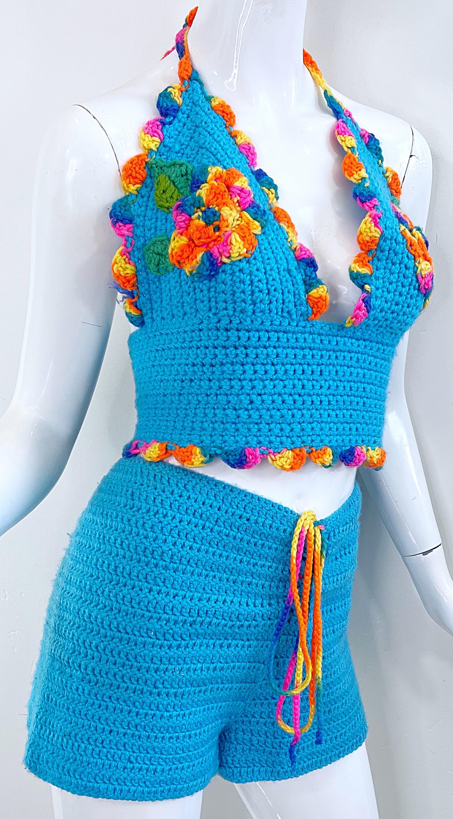 1990s Does 1970s Large Size Turquoise Blue Tie Dye Rainbow Crop Top + Shorts en venta 3