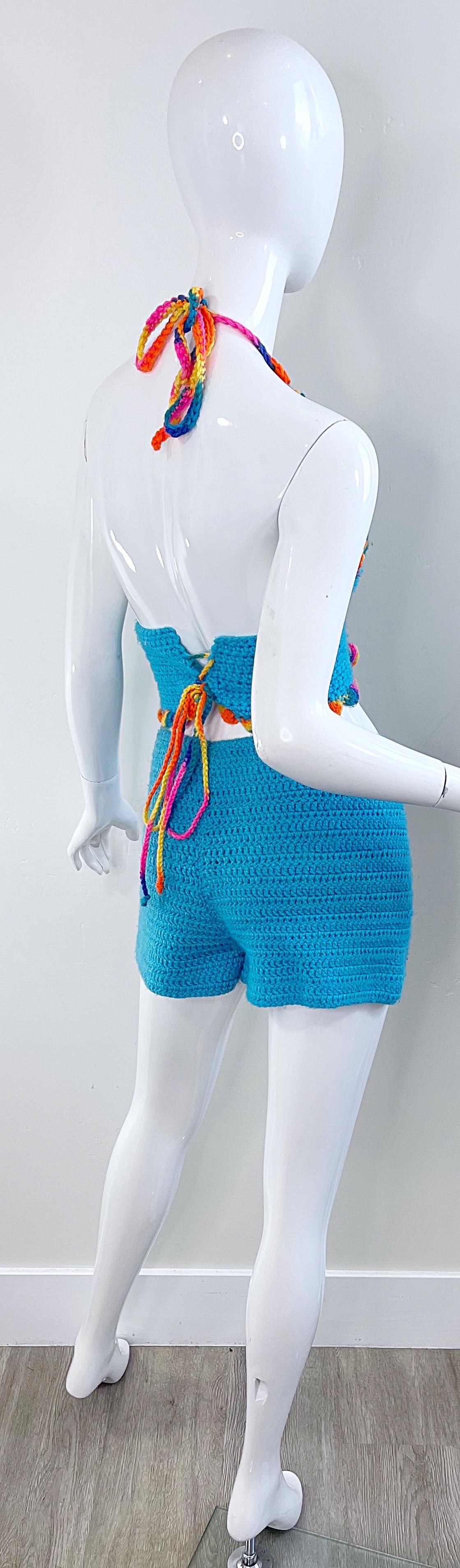 1990s Does 1970s Large Size Turquoise Blue Tie Dye Rainbow Crop Top + Shorts en venta 4