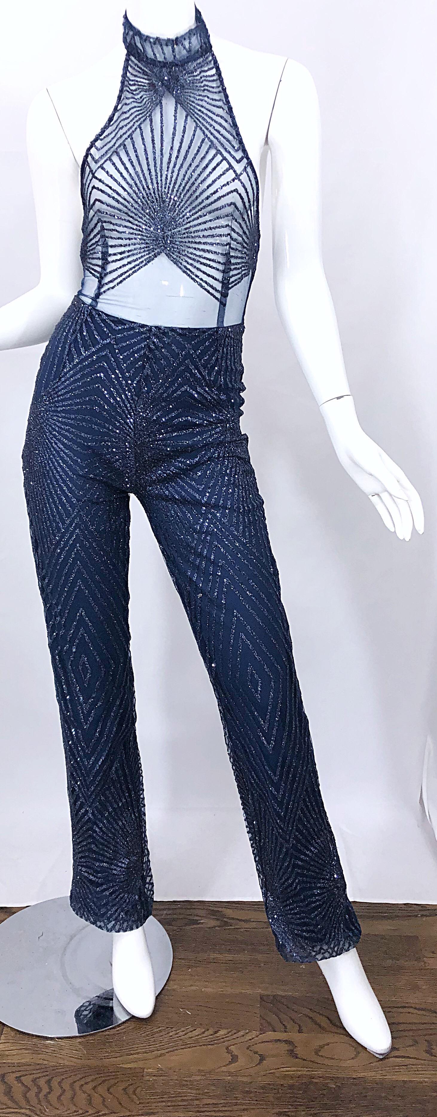 1990er Jahre 1970er Marineblauer durchsichtiger Mesh Glitter Vintage 90er Sexy Neckholder-Overall im Angebot 5