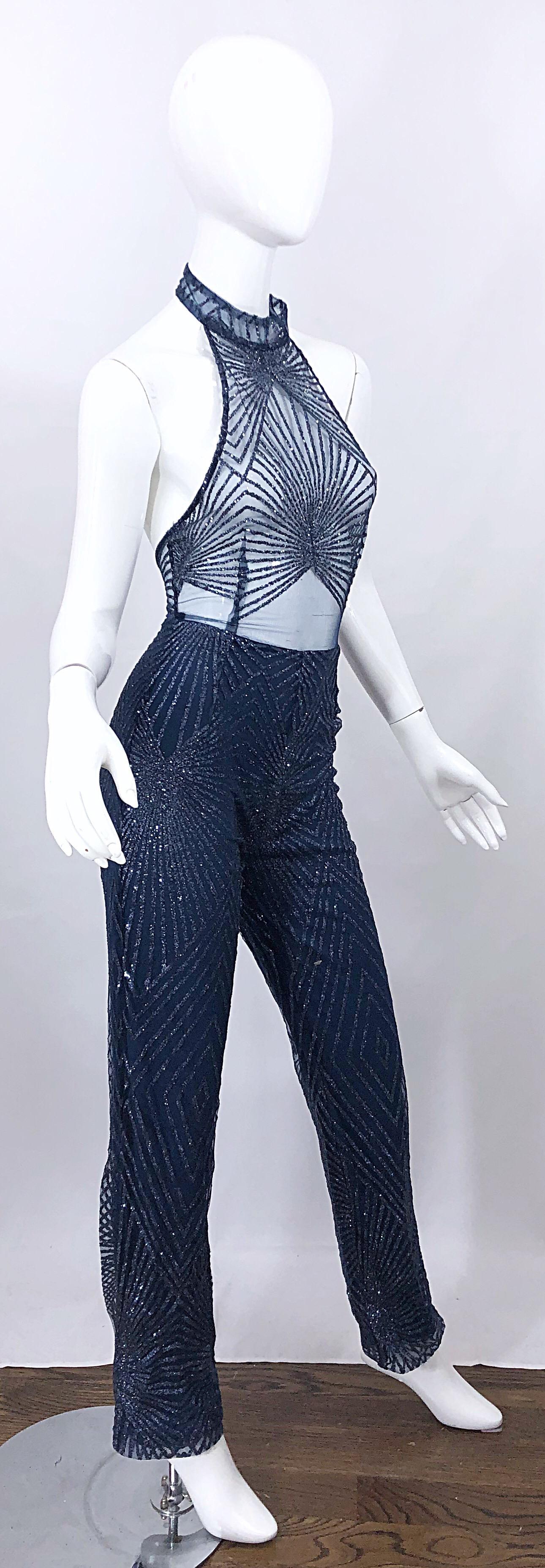 1990s Does 1970s Navy Blue Sheer Mesh Glitter Vintage 90s Sexy Halter Jumpsuit For Sale 4