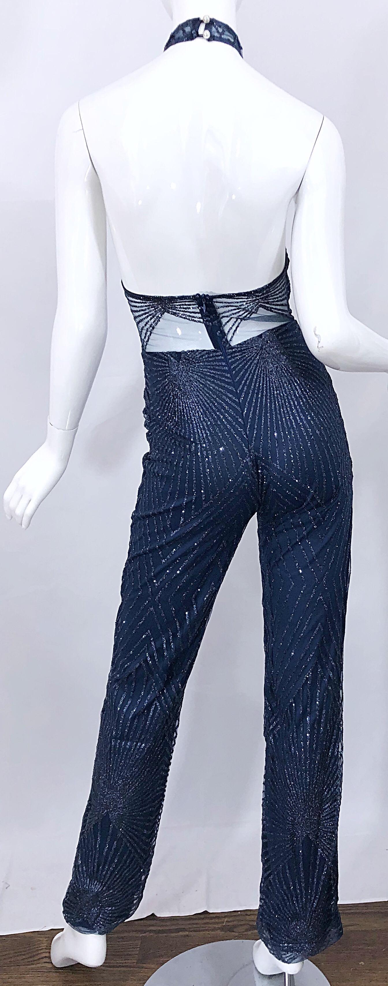 1990s Does 1970s Navy Blue Sheer Mesh Glitter Vintage 90s Sexy Halter Jumpsuit For Sale 5
