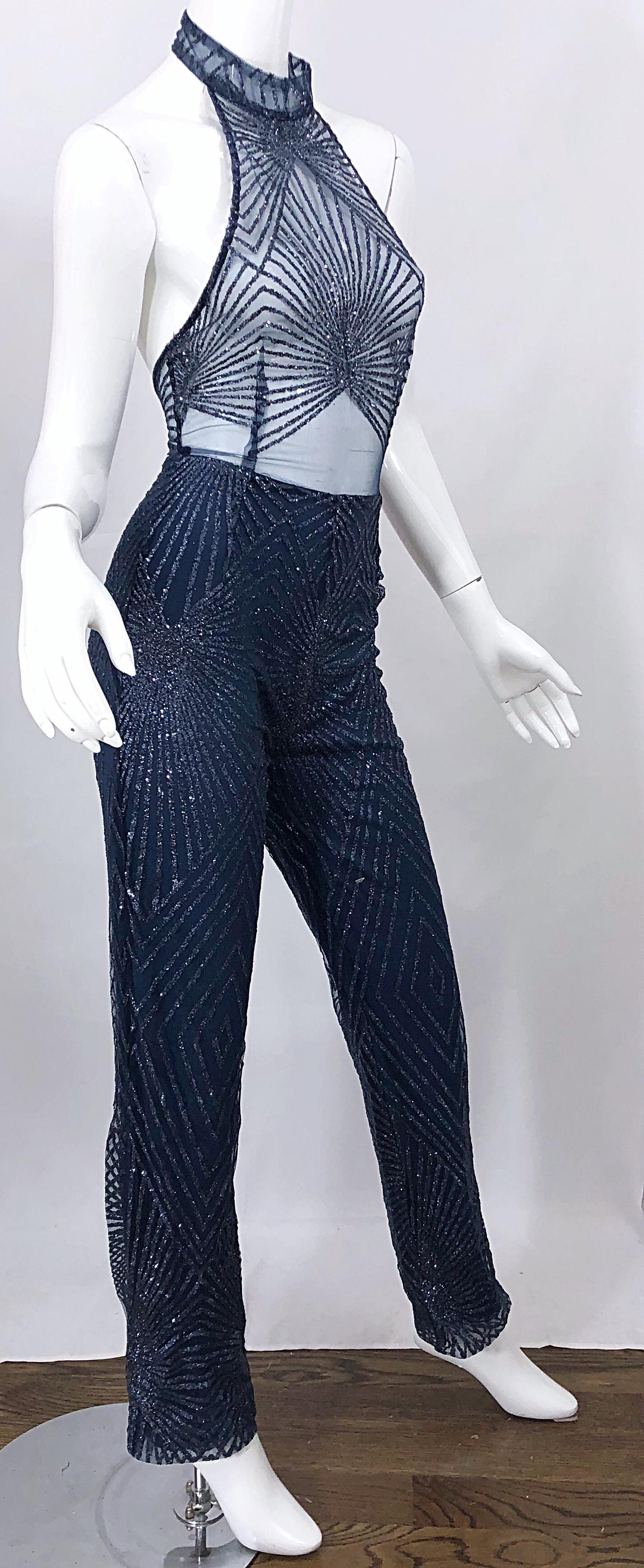 1990s Does 1970s Navy Blue Sheer Mesh Glitter Vintage 90s Sexy Halter Jumpsuit For Sale 6