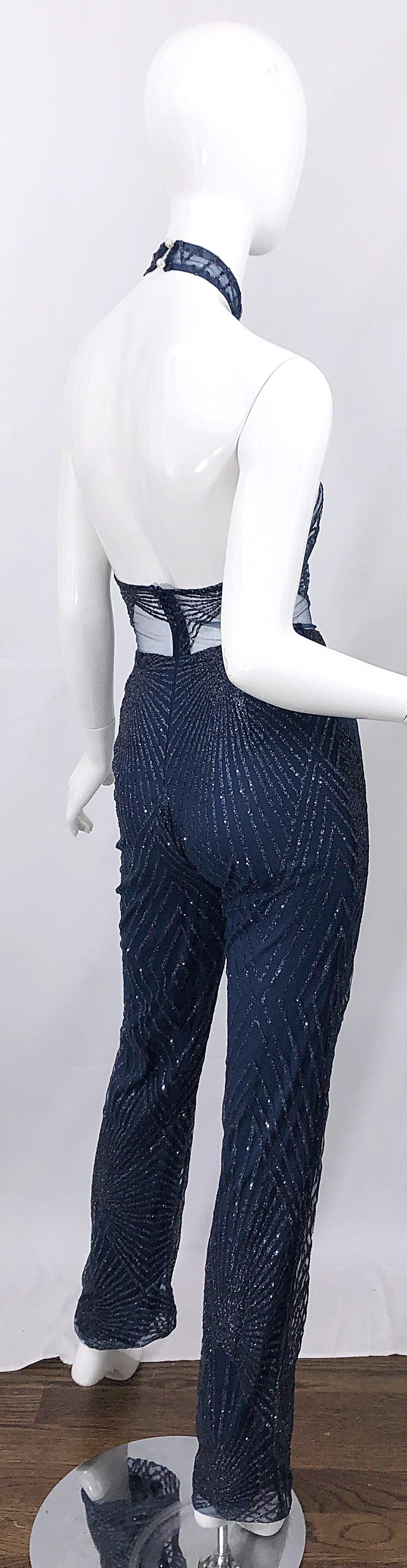 1990s Does 1970s Navy Blue Sheer Mesh Glitter Vintage 90s Sexy Halter Jumpsuit For Sale 7